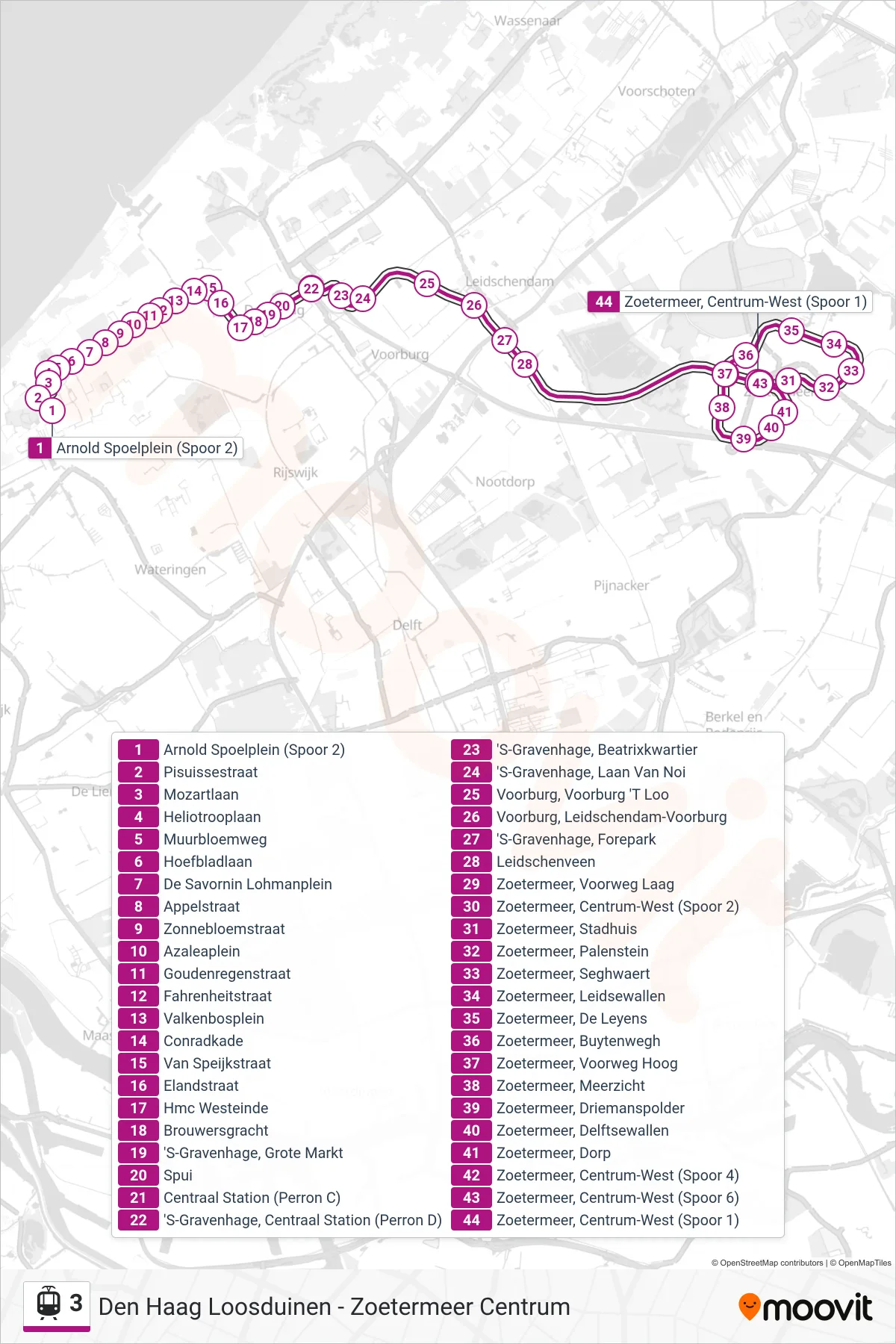 Lijn 3 (tram, Den Haag Loosduinen): route en haltes op de kaart