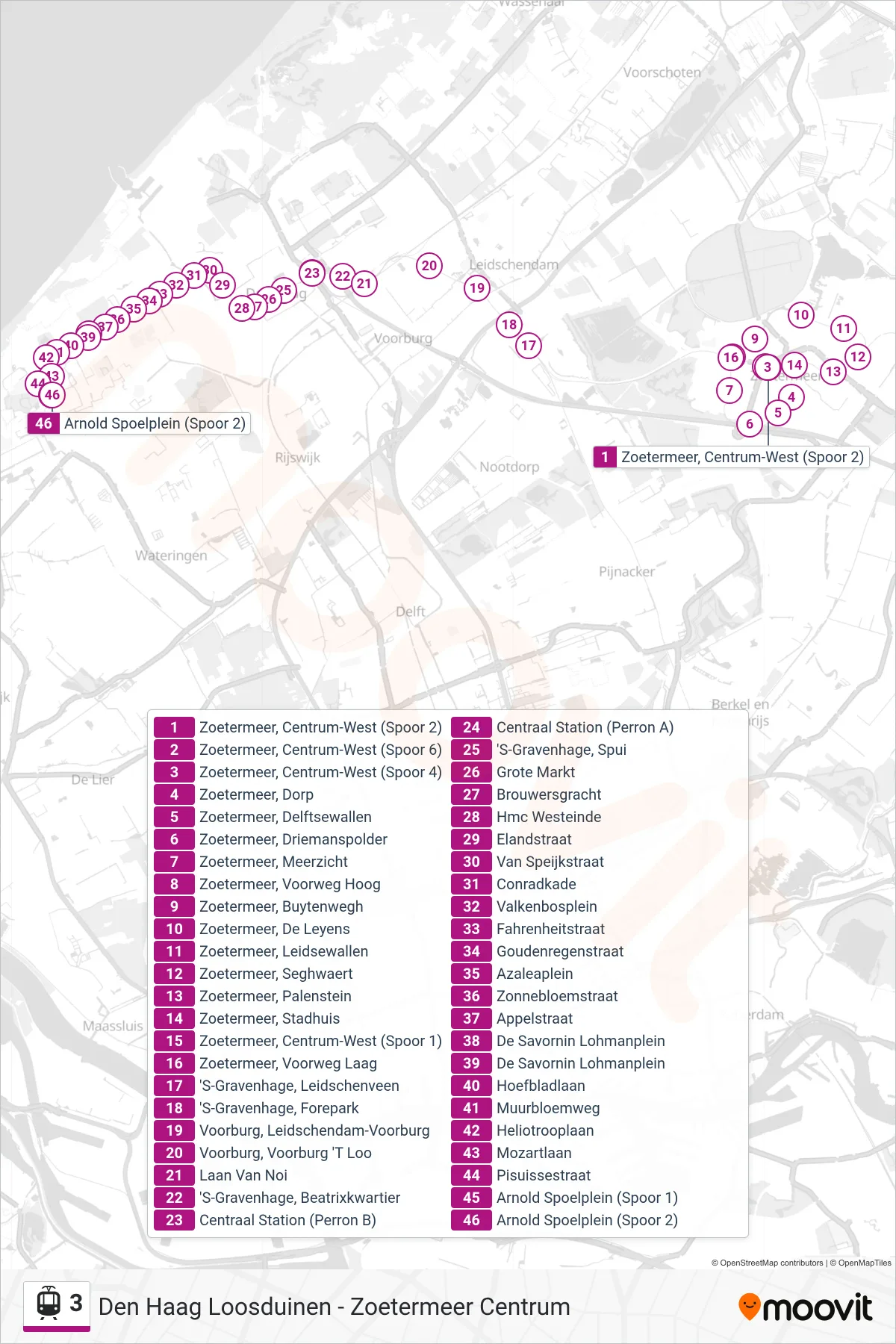 Lijn 3 (tram, Zoetermeer Centrum-West): route en haltes op de kaart