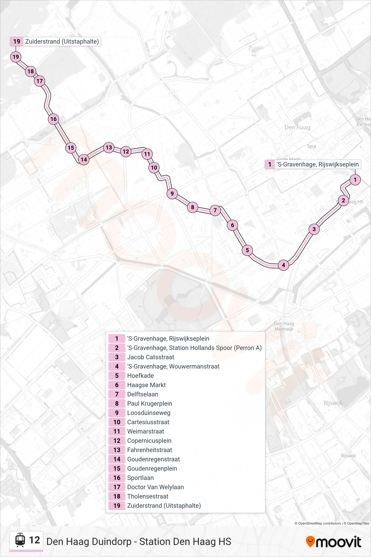 Lijn 12 (tram, Station Hollands Spoor): route en haltes op de kaart
