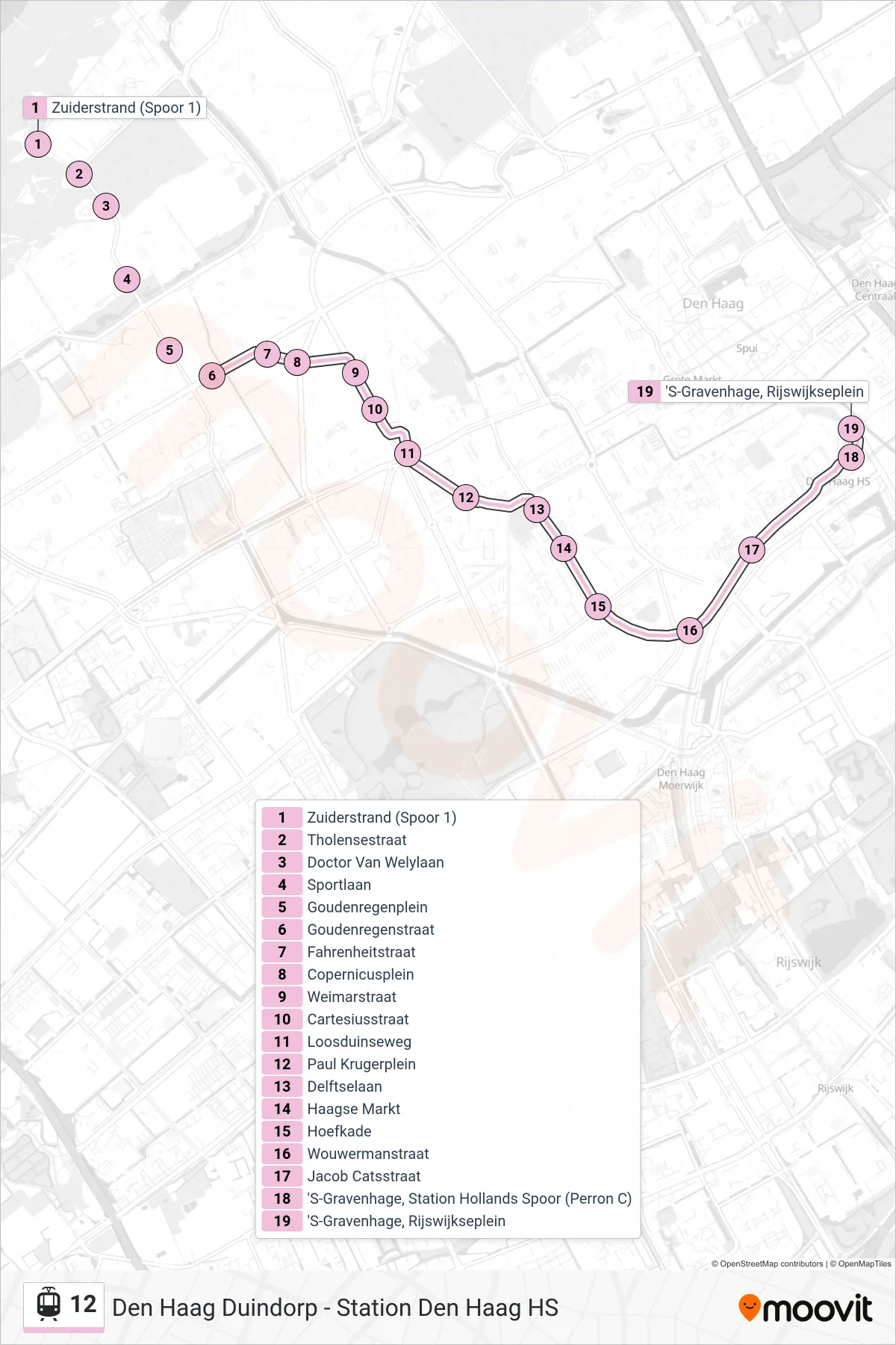 Linie 12 (Tram) Richtung Duindorp: Route und Haltestellen auf der Karte