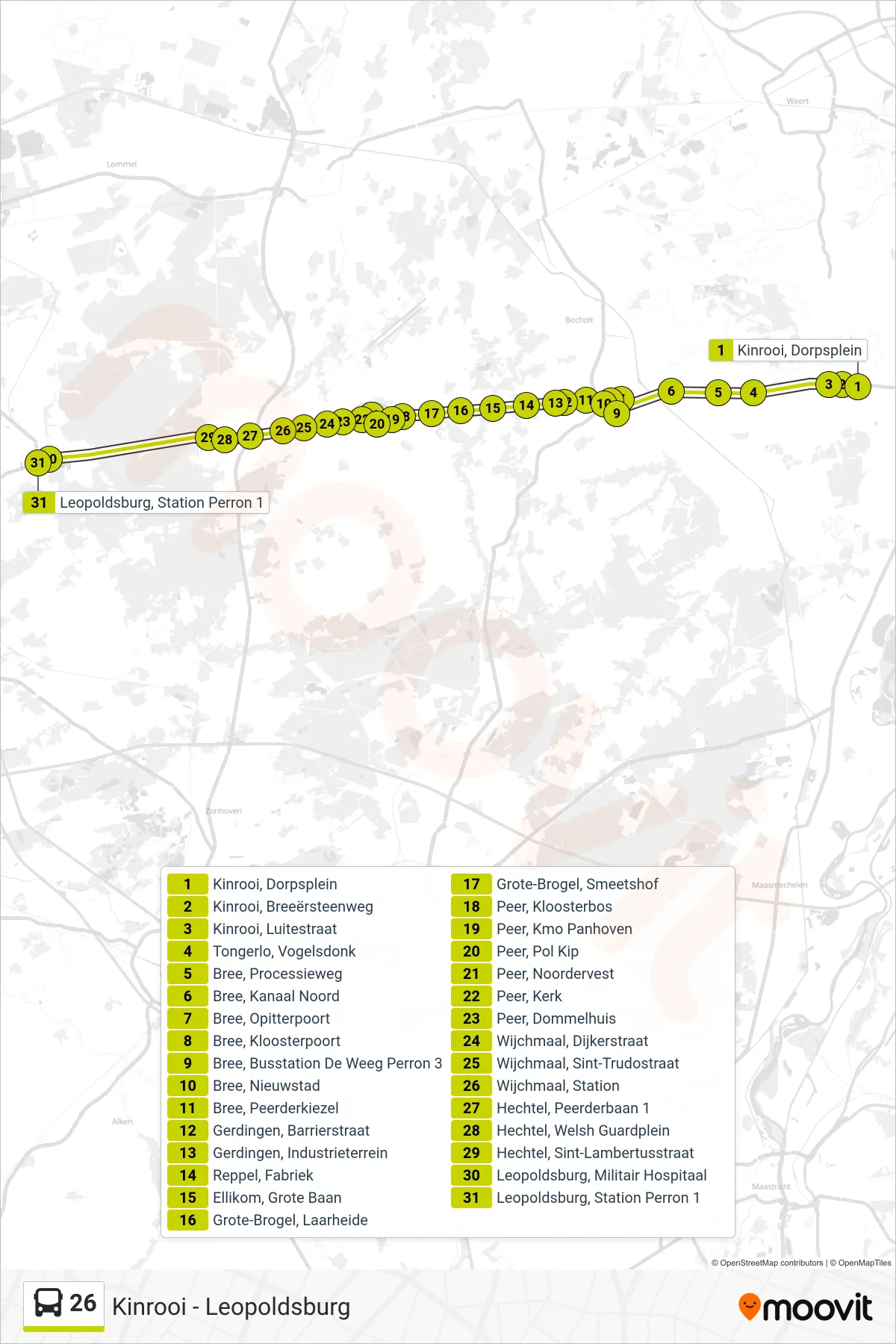 Lijn 26 (bus, Leopoldsburg Station Perron 1): route en haltes op de kaart