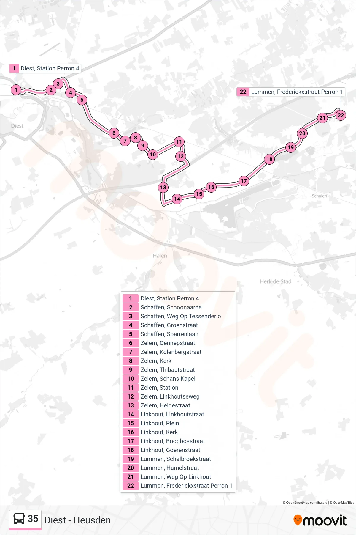 Lijn 35 (bus, Lummen Frederickxstraat Perron 1): route en haltes op de kaart
