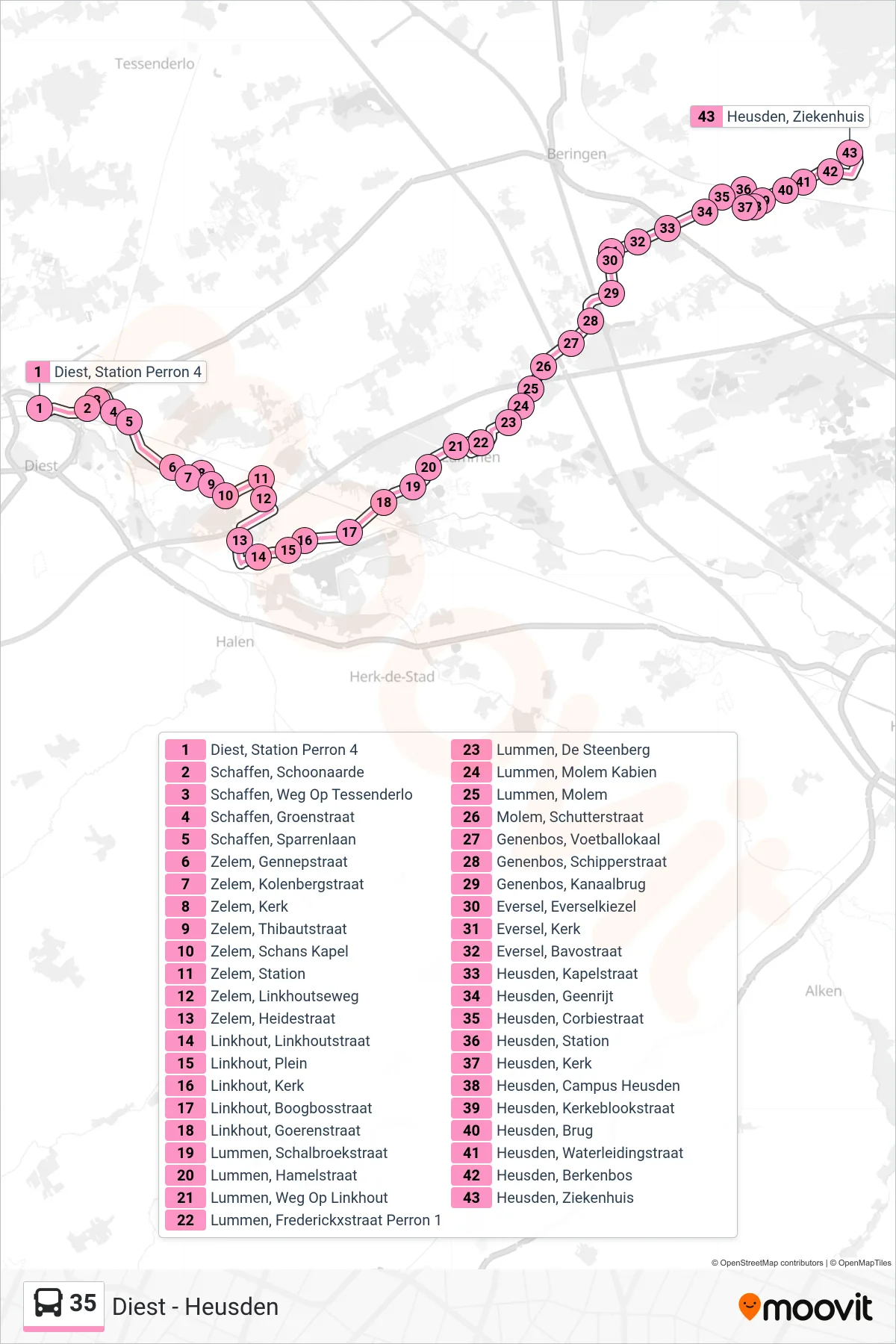 Lijn 35 (bus, Heusden Ziekenhuis): route en haltes op de kaart