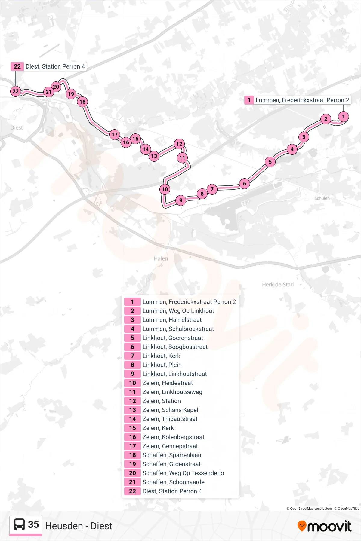 Lijn 35 (bus, Diest Station Perron 4): route en haltes op de kaart