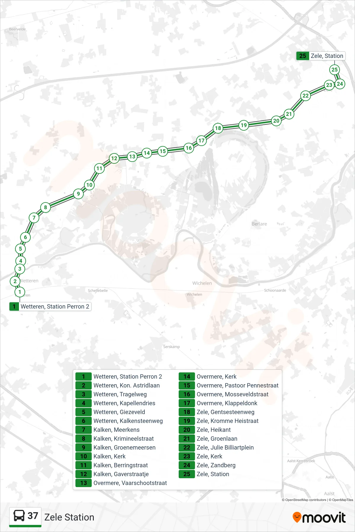Lijn 37 (bus, Zele Station): route en haltes op de kaart