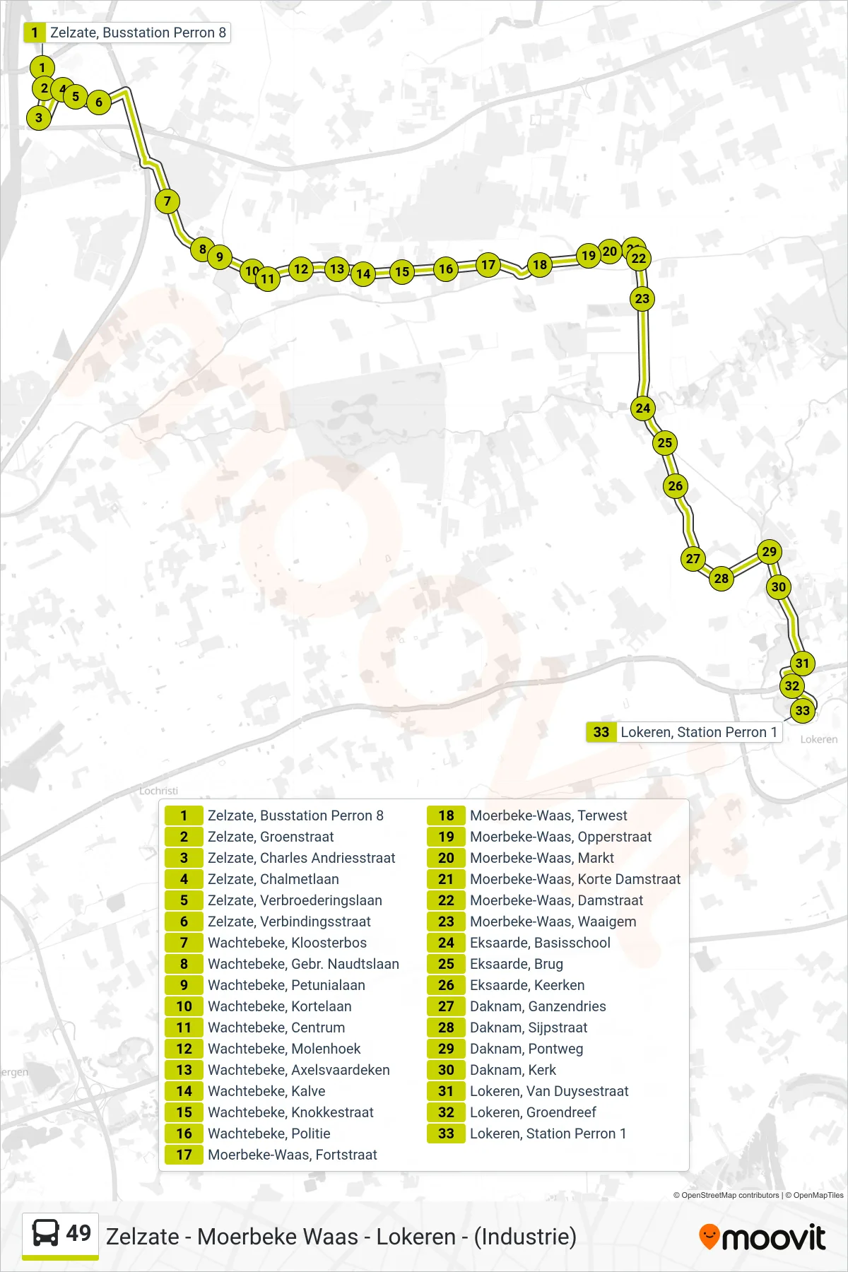 Lijn 49 (bus, Lokeren Station Perron 1): route en haltes op de kaart