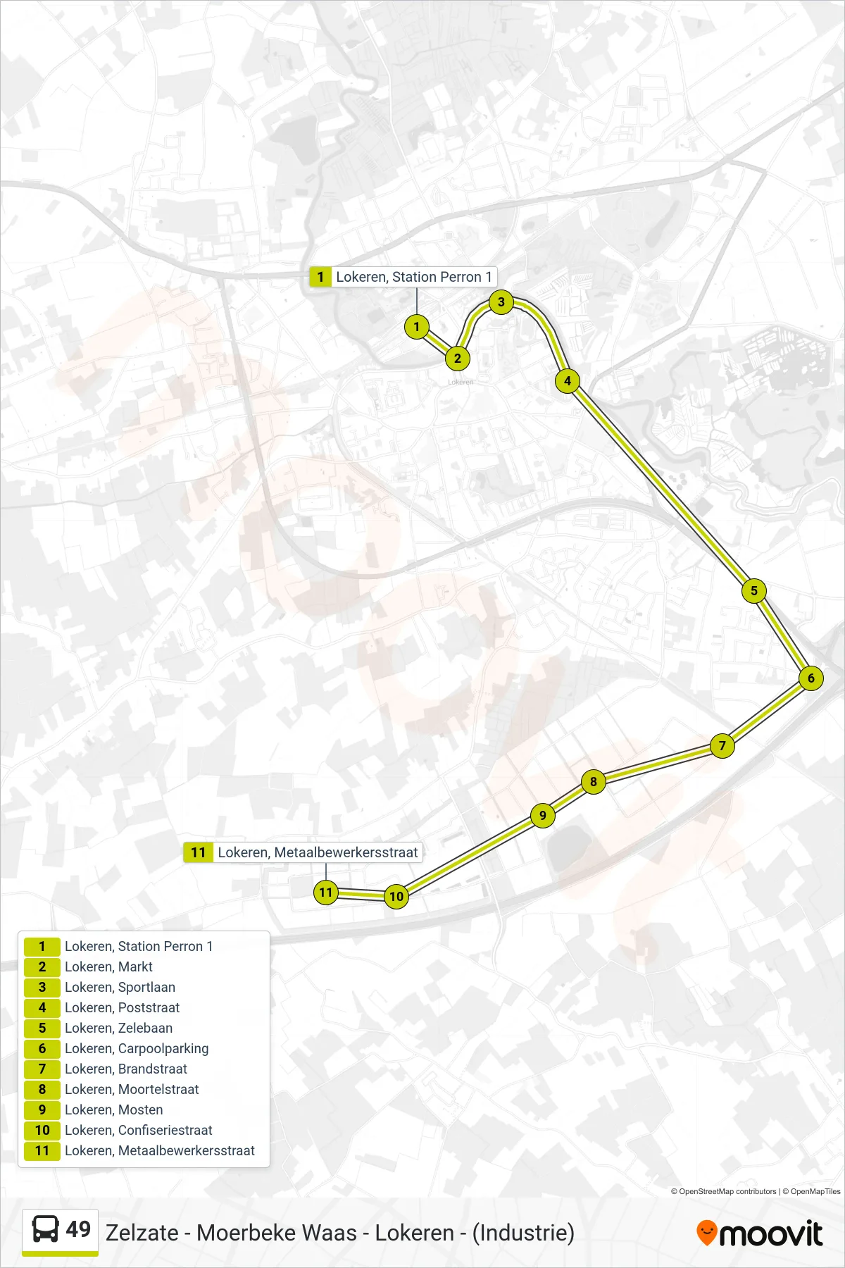 49 bus Line (Lokeren Metaalbewerkersstraat) route and stops on a map