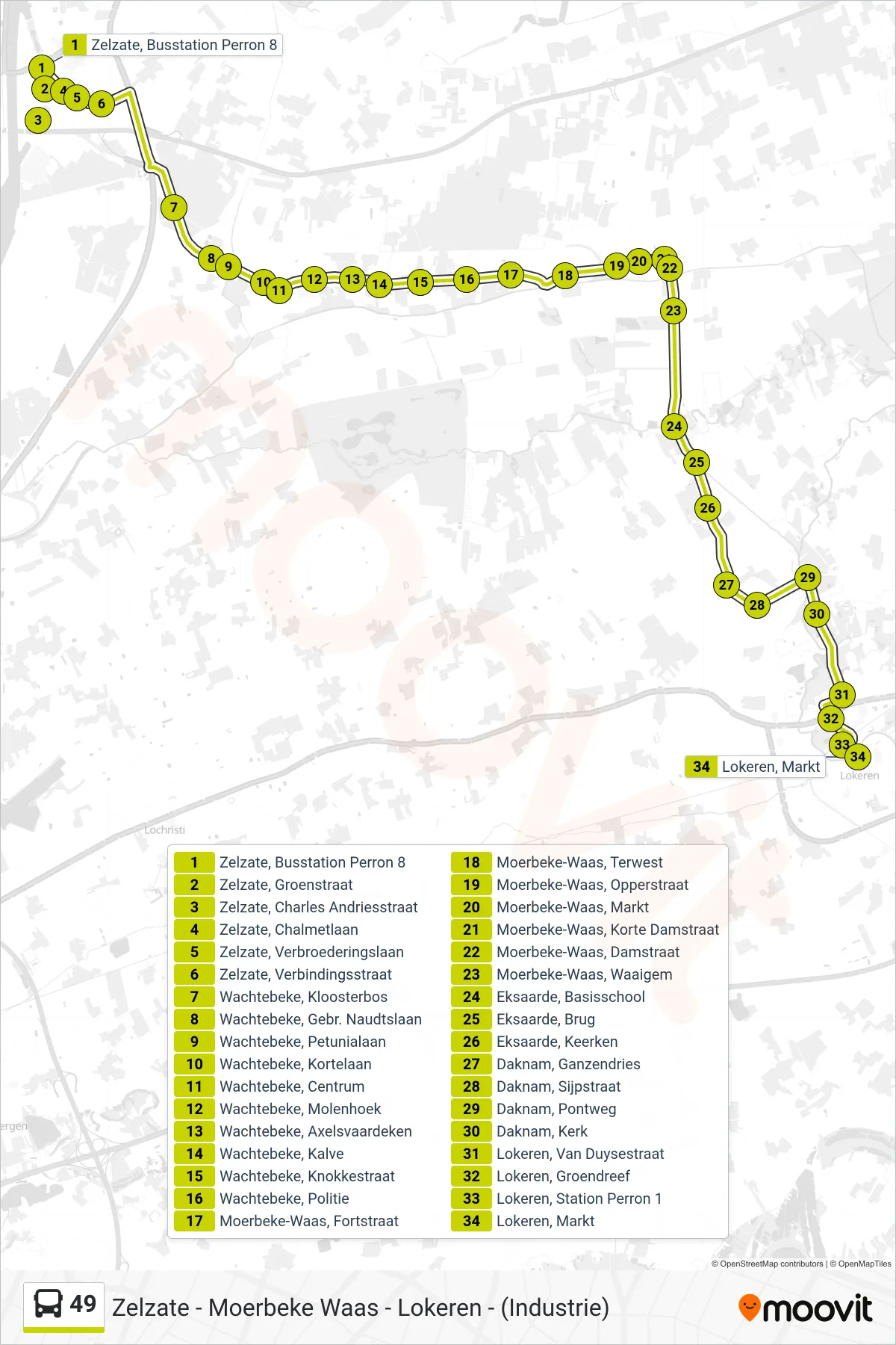 49 bus Line (Lokeren Markt) route and stops on a map