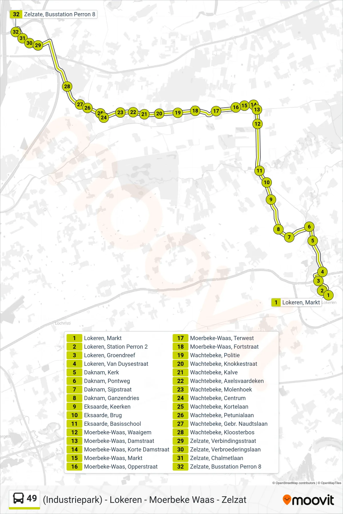Lijn 49 (bus, Zelzate Busstation Perron 8): route en haltes op de kaart