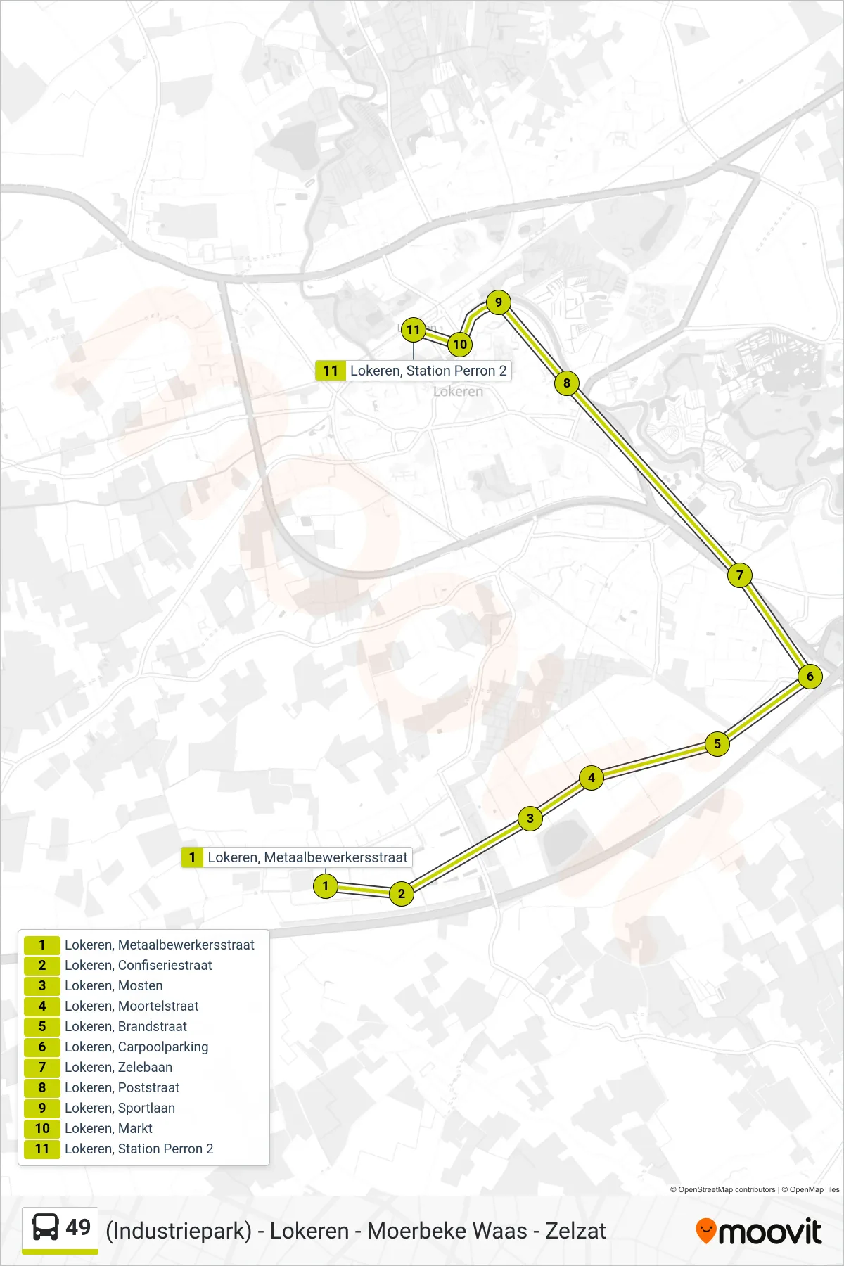 Lijn 49 (bus, Lokeren Station Perron 2): route en haltes op de kaart