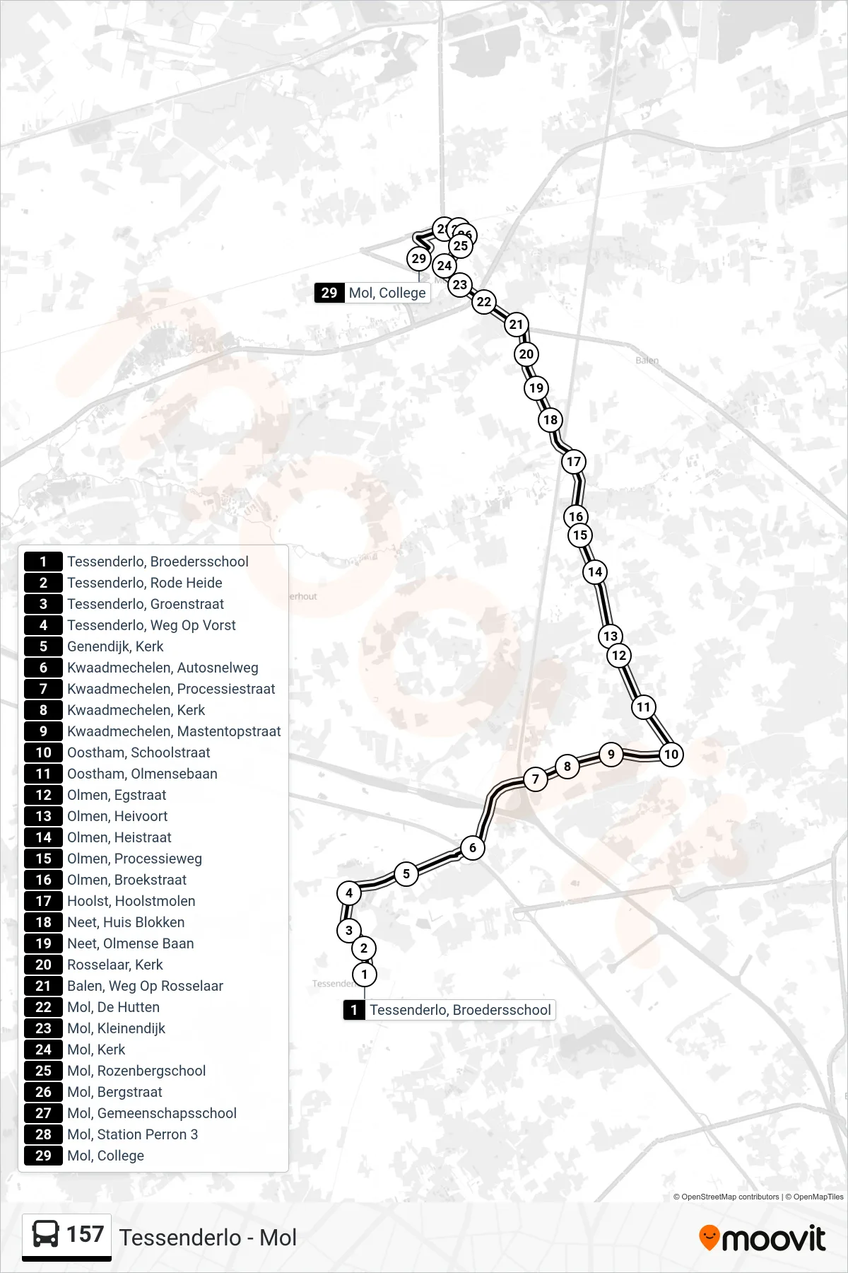 Lijn 157 (bus, Mol College): route en haltes op de kaart