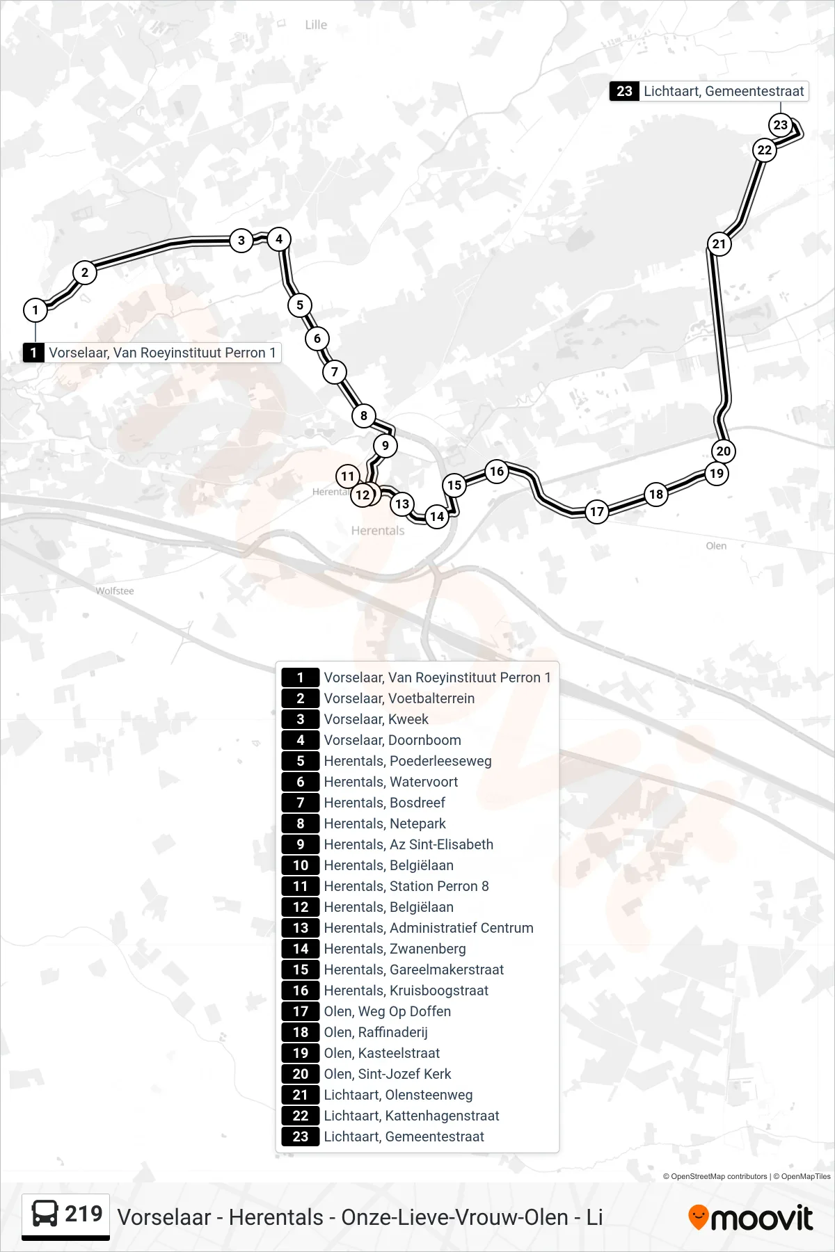 Lijn 219 (bus, Lichtaart Gemeentestraat): route en haltes op de kaart