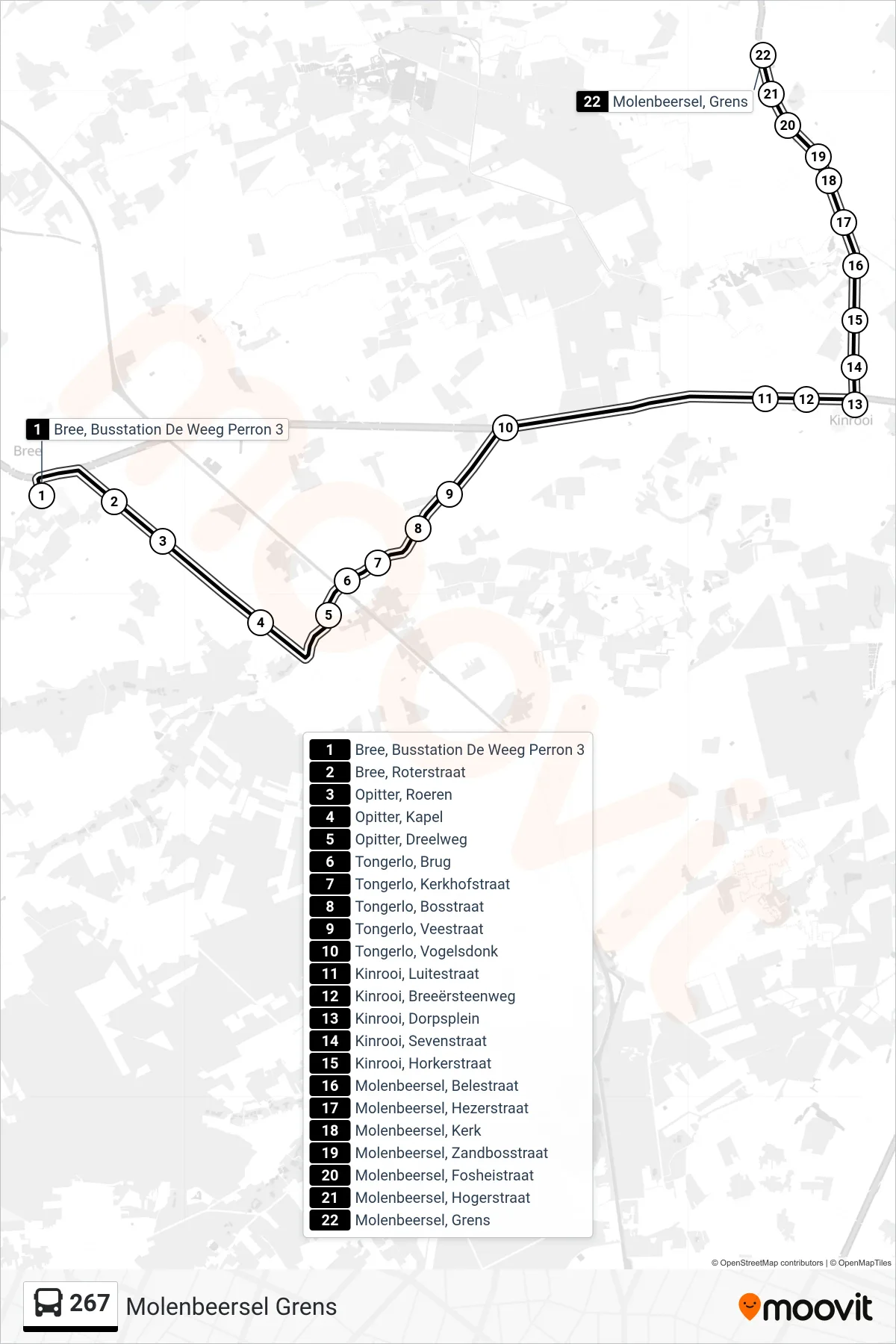 Lijn 267 (bus, Molenbeersel Grens): route en haltes op de kaart