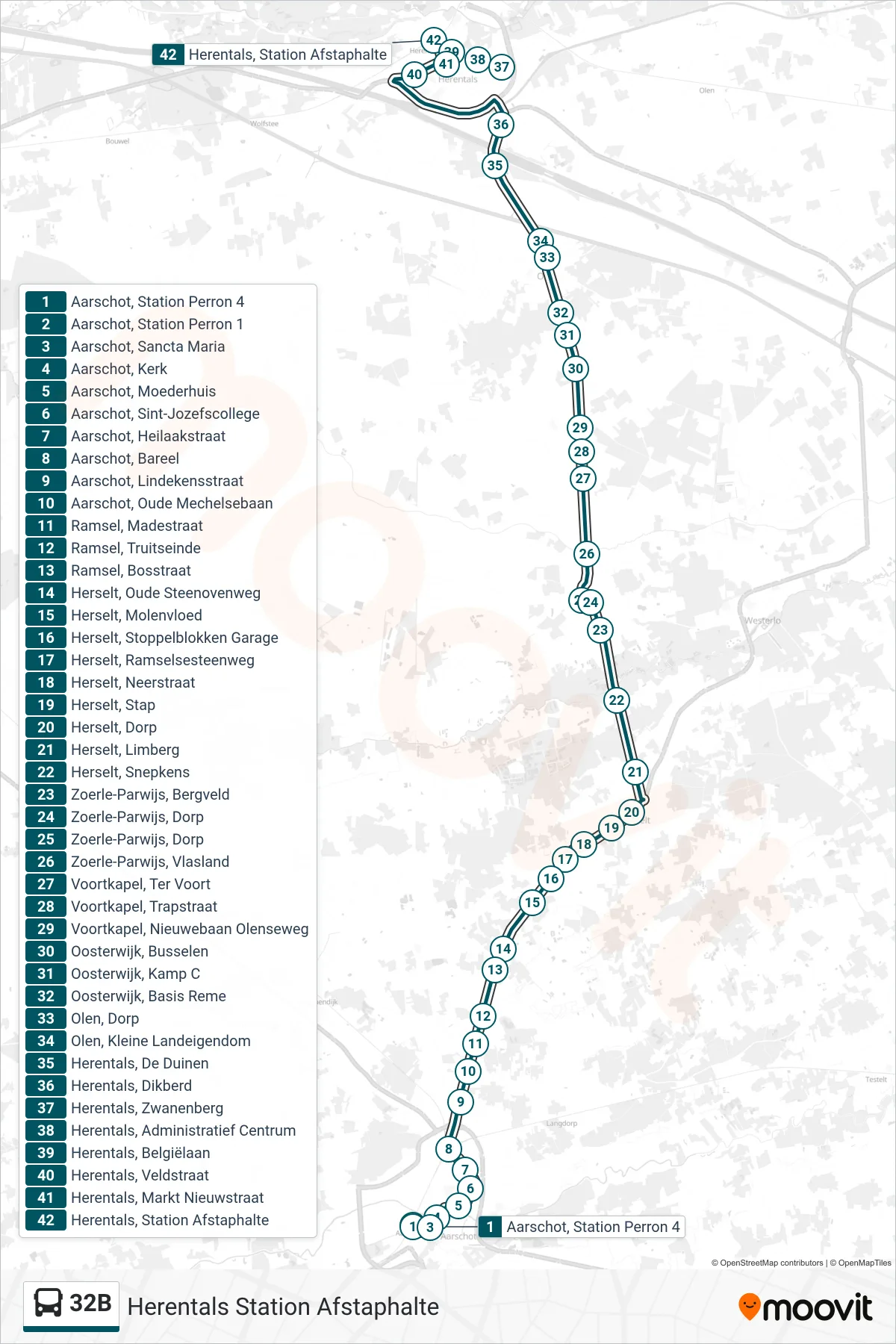 Lijn 32B (bus, Herentals Station Afstaphalte): route en haltes op de kaart