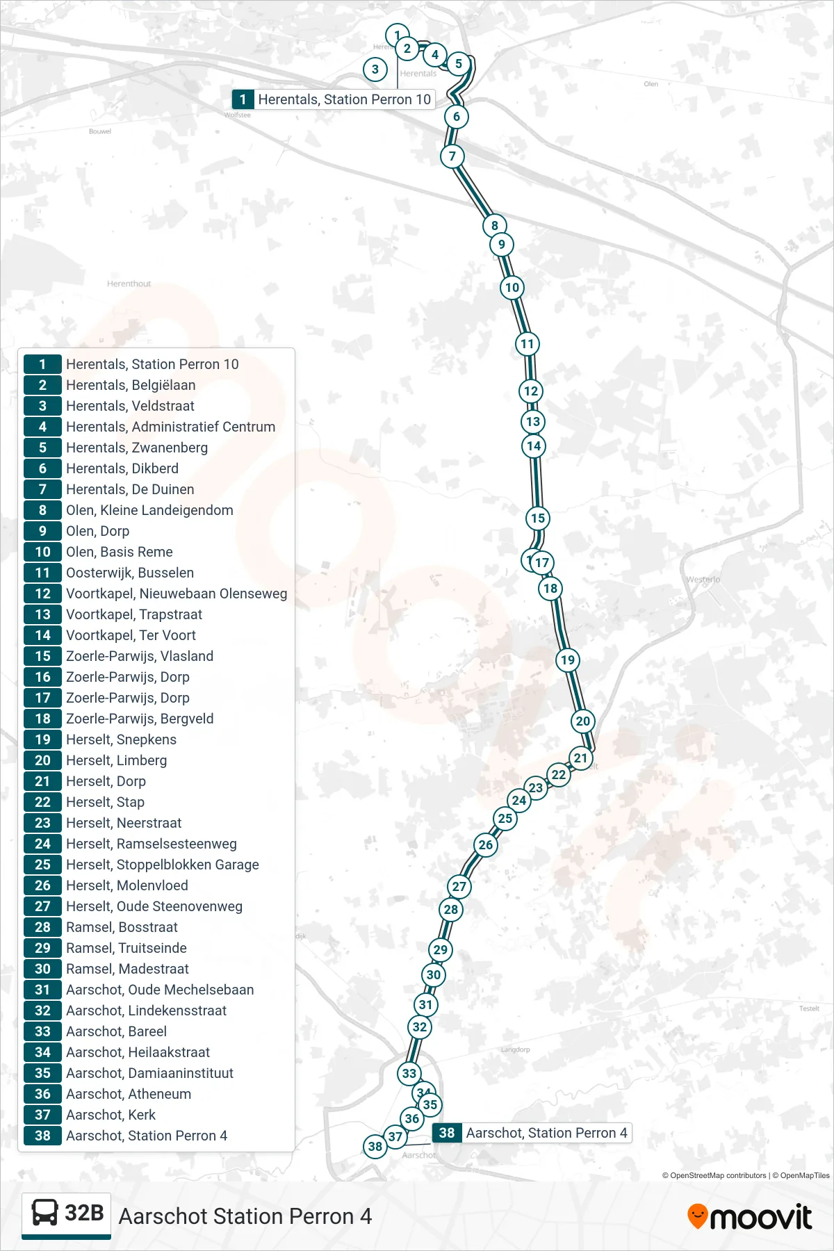 Lijn 32B (bus, Aarschot Station Perron 4): route en haltes op de kaart