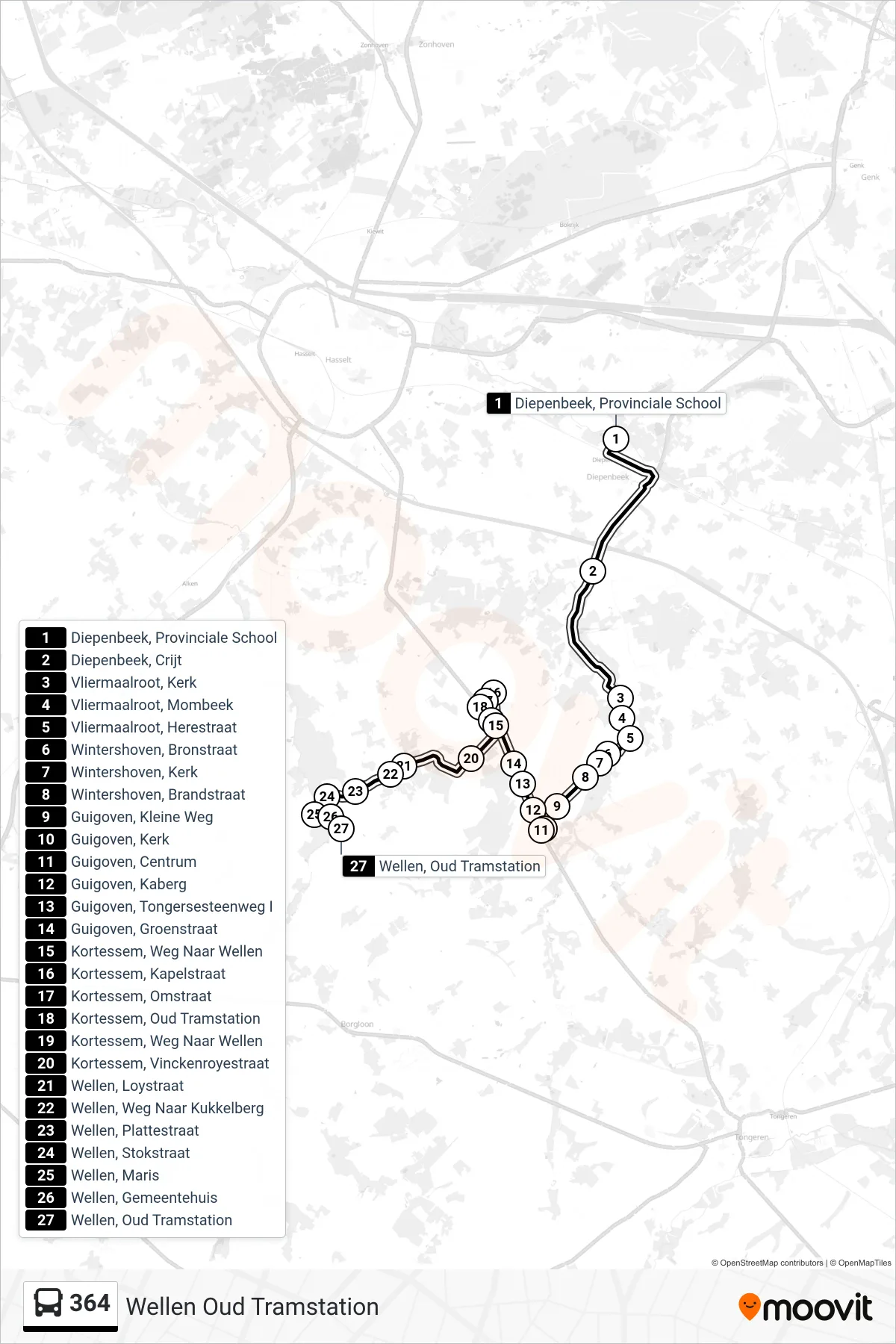 Lijn 364 (bus, Wellen Oud Tramstation): route en haltes op de kaart
