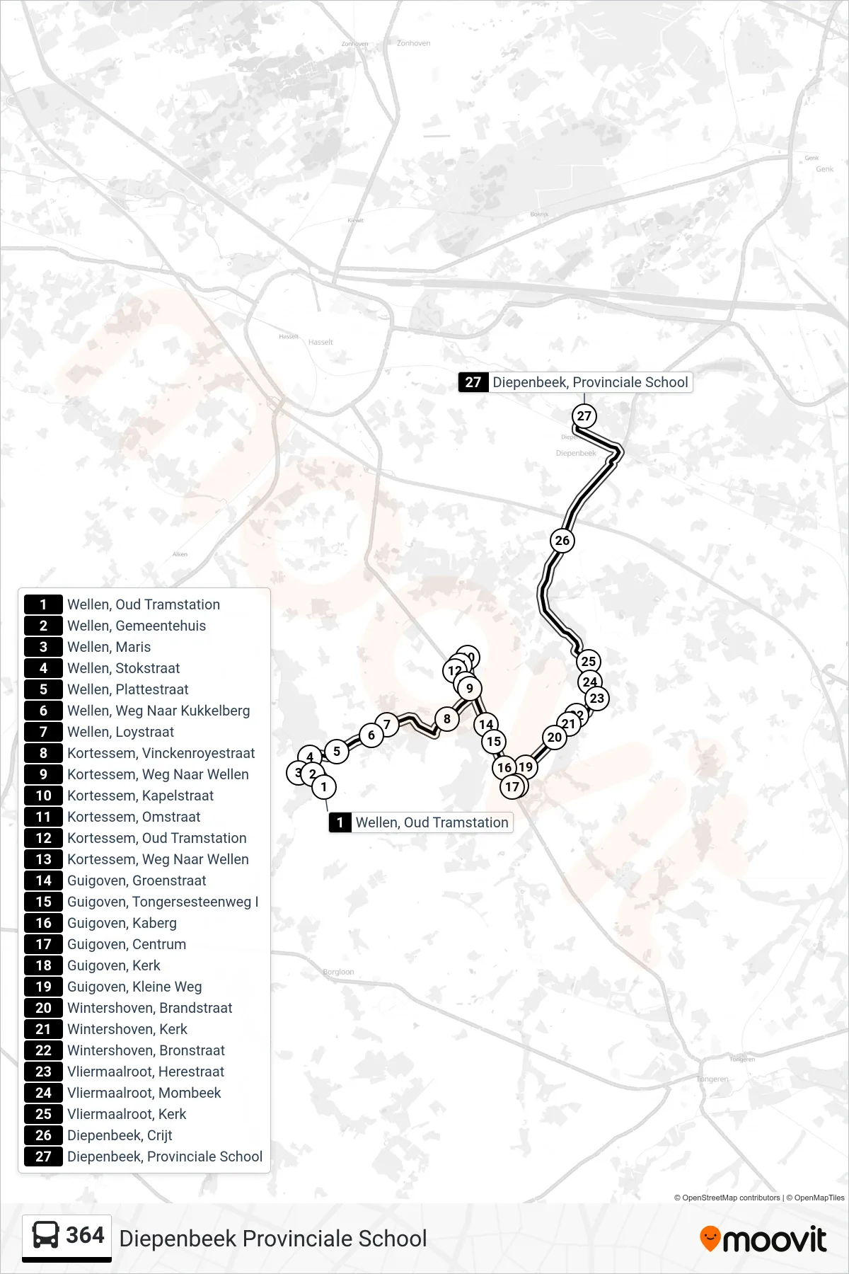 Lijn 364 (bus, Diepenbeek Provinciale School): route en haltes op de kaart