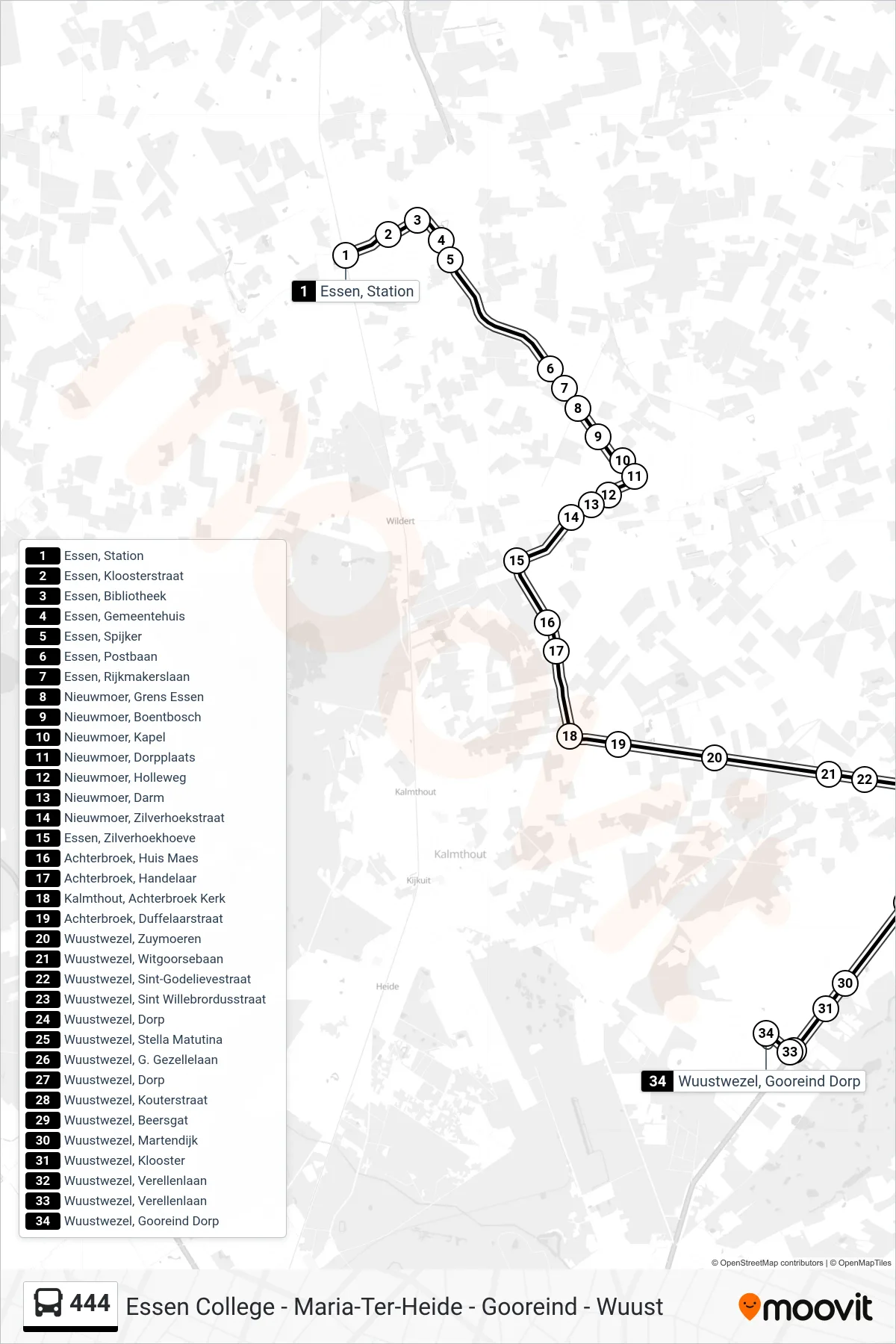 Lijn 444 (bus, Wuustwezel Gooreind Dorp): route en haltes op de kaart