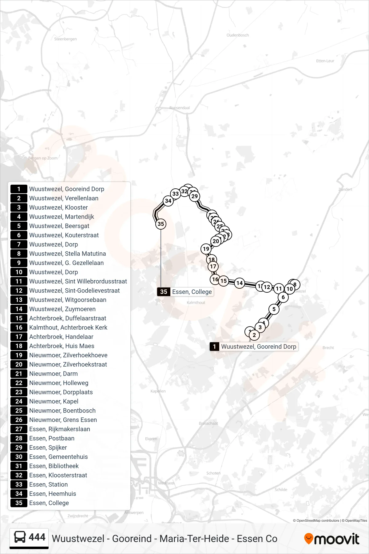 Lijn 444 (bus, Essen College): route en haltes op de kaart