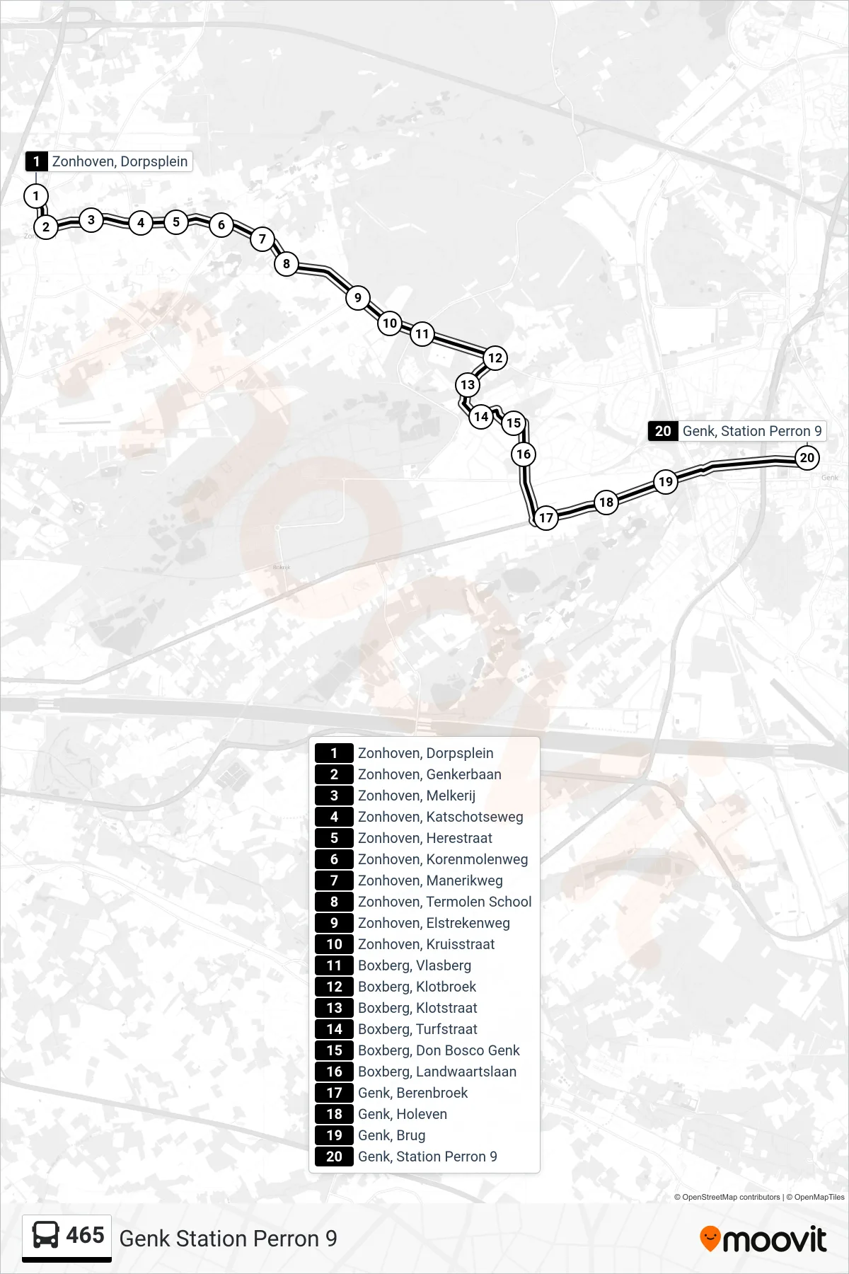 Lijn 465 (bus, Genk Station Perron 9): route en haltes op de kaart