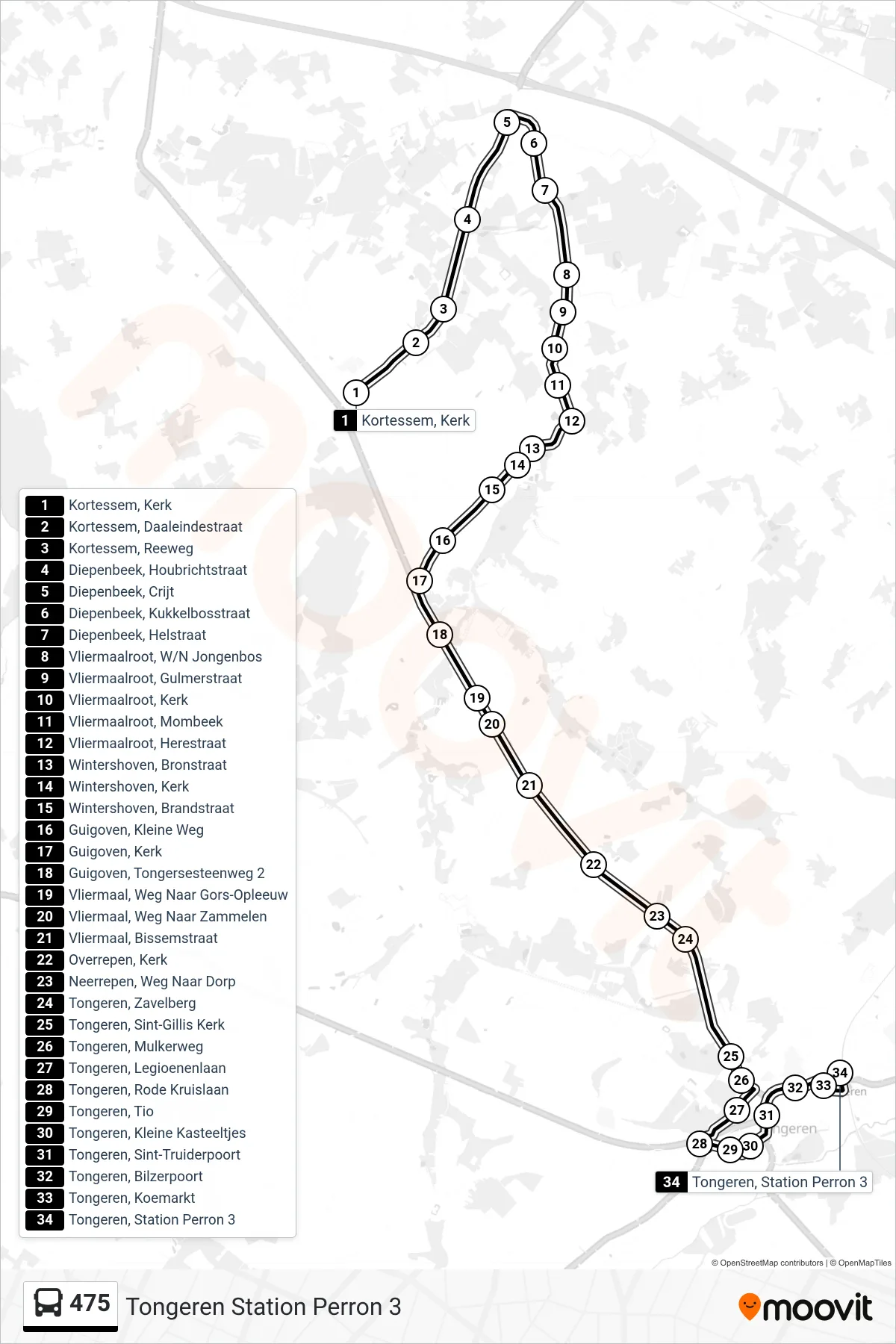 Lijn 475 (bus, Tongeren Station Perron 3): route en haltes op de kaart