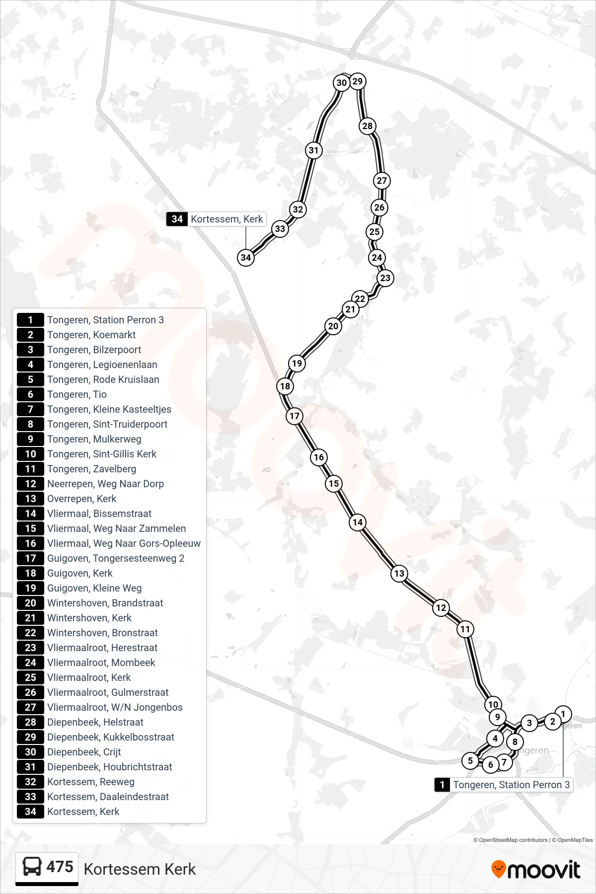 Lijn 475 (bus, Kortessem Kerk): route en haltes op de kaart