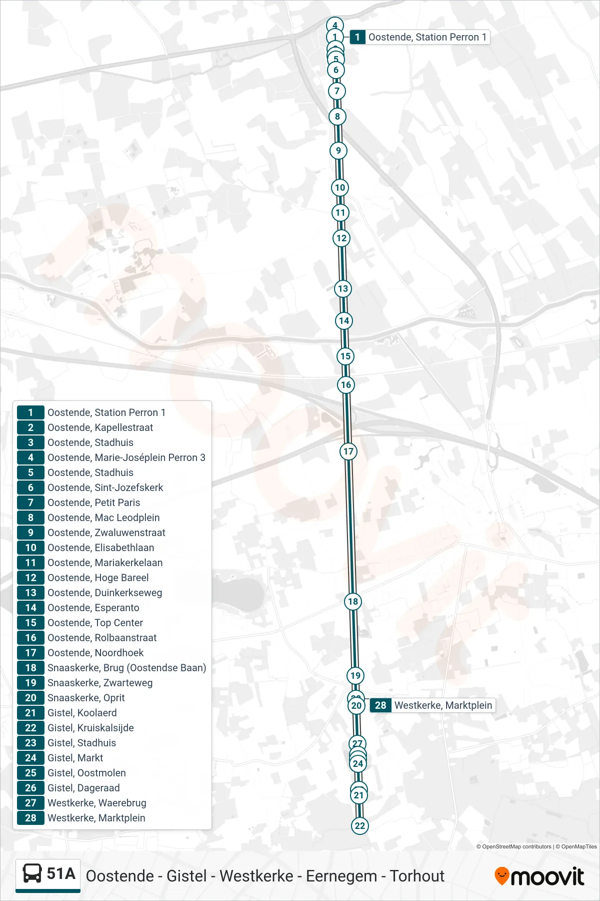 Lijn 51A (bus, Westkerke Marktplein): route en haltes op de kaart