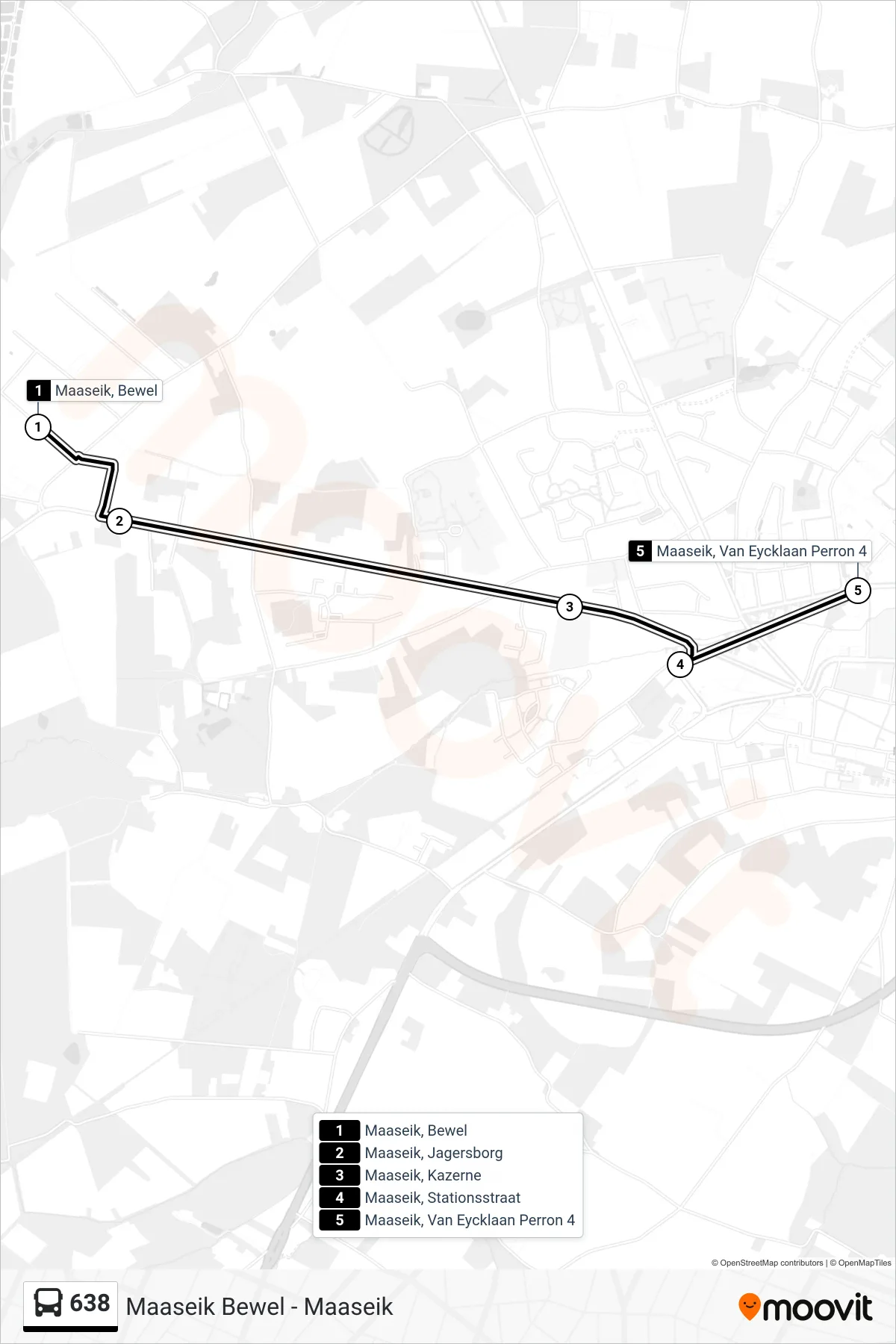 Lijn 638 (bus, Maaseik Van Eycklaan Perron 4): route en haltes op de kaart