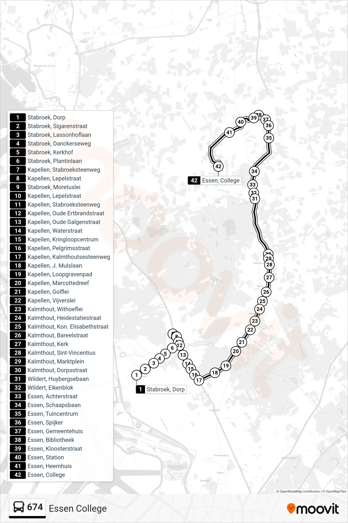 Lijn 674 (bus, Essen College): route en haltes op de kaart