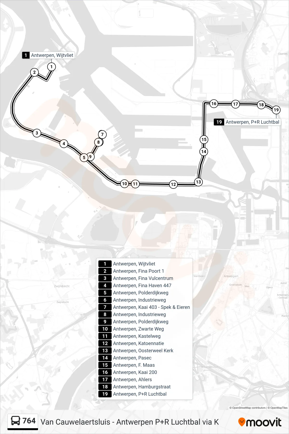 Lijn 764 (bus, Antwerpen P+R Luchtbal): route en haltes op de kaart