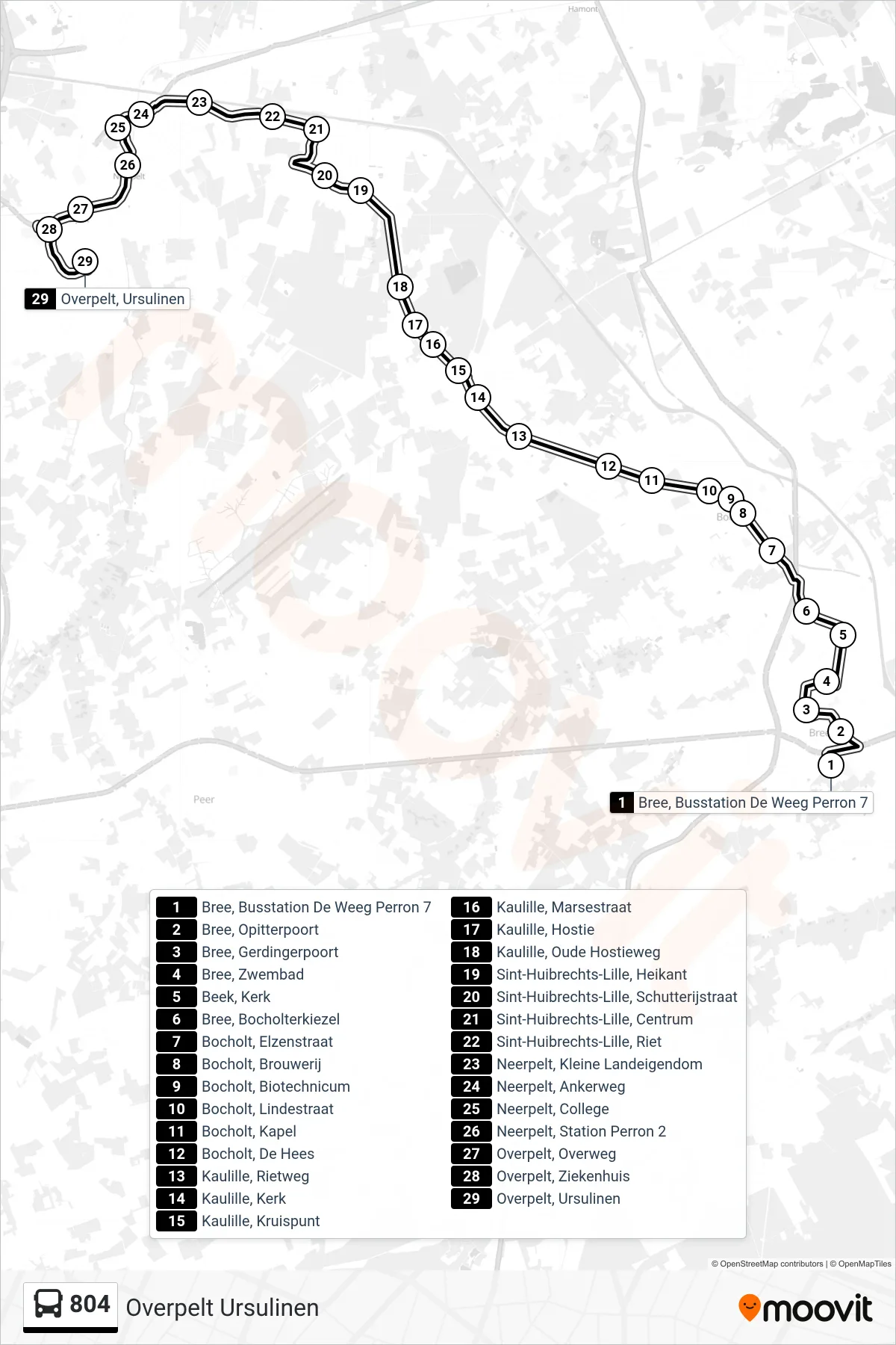 Lijn 804 (bus, Overpelt Ursulinen): route en haltes op de kaart