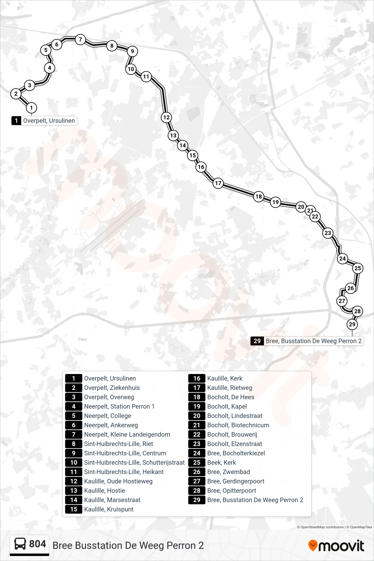 Lijn 804 (bus, Bree Busstation De Weeg Perron 2): route en haltes op de kaart