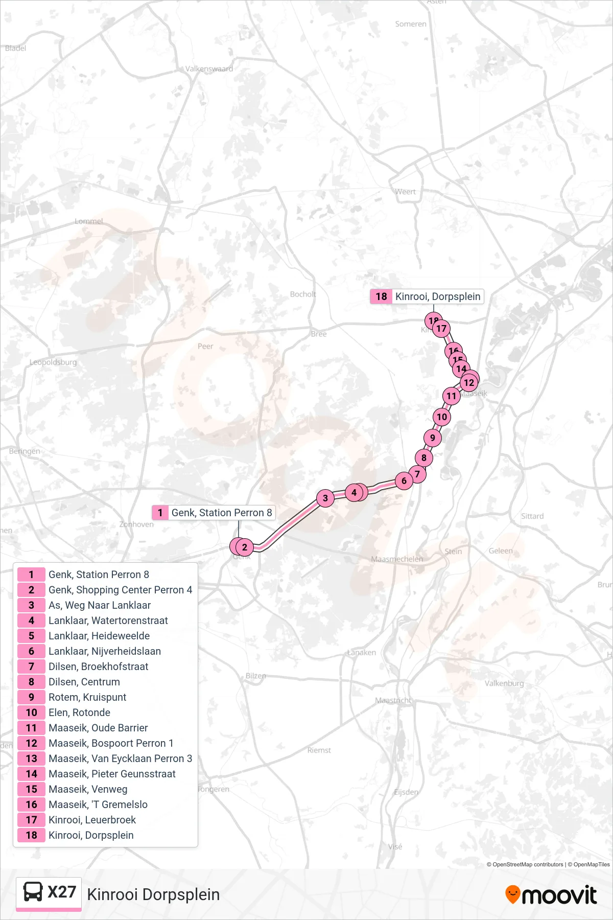 Lijn X27 (bus, Kinrooi Dorpsplein): route en haltes op de kaart
