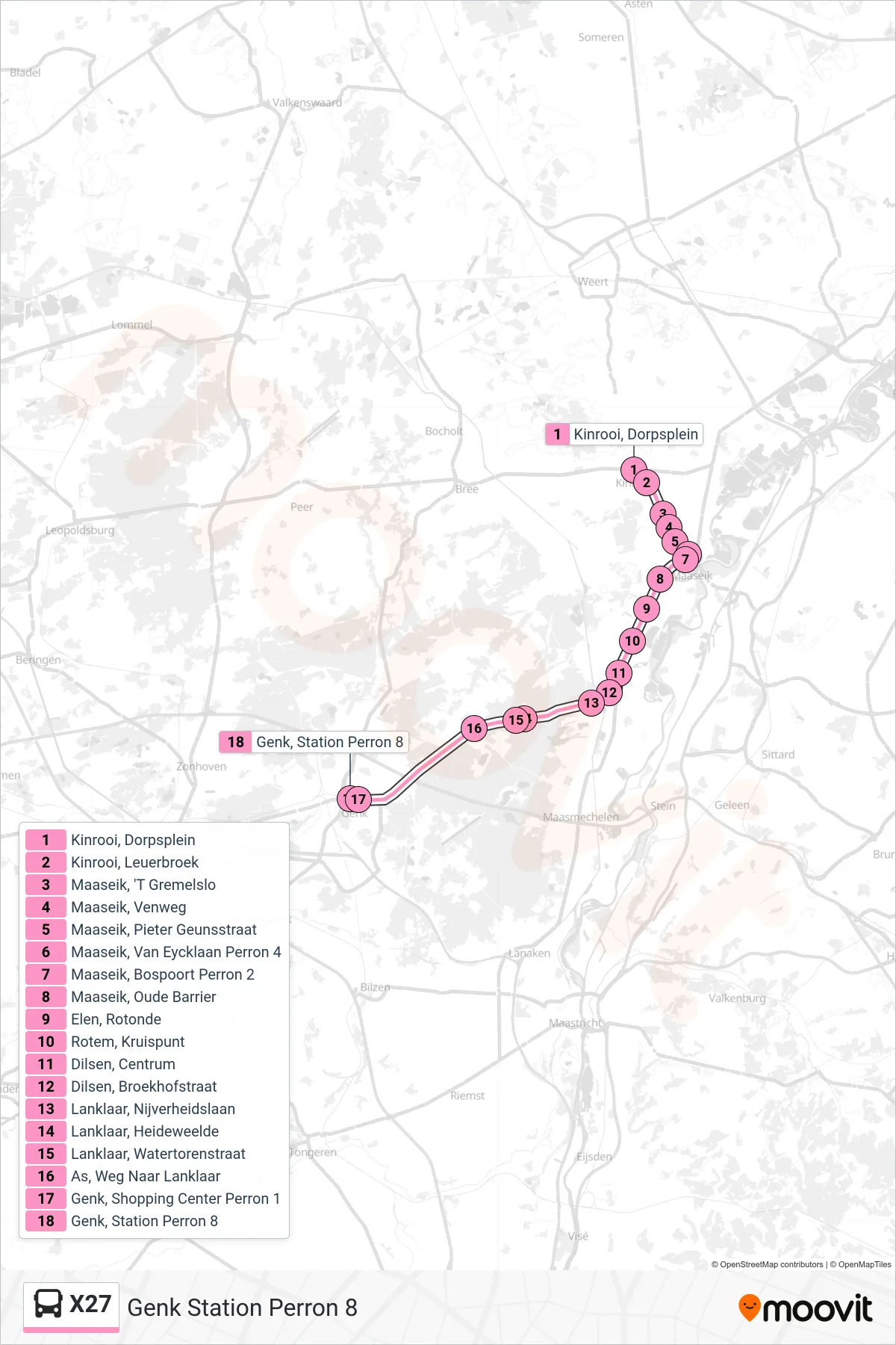 Lijn X27 (bus, Genk Station Perron 8): route en haltes op de kaart