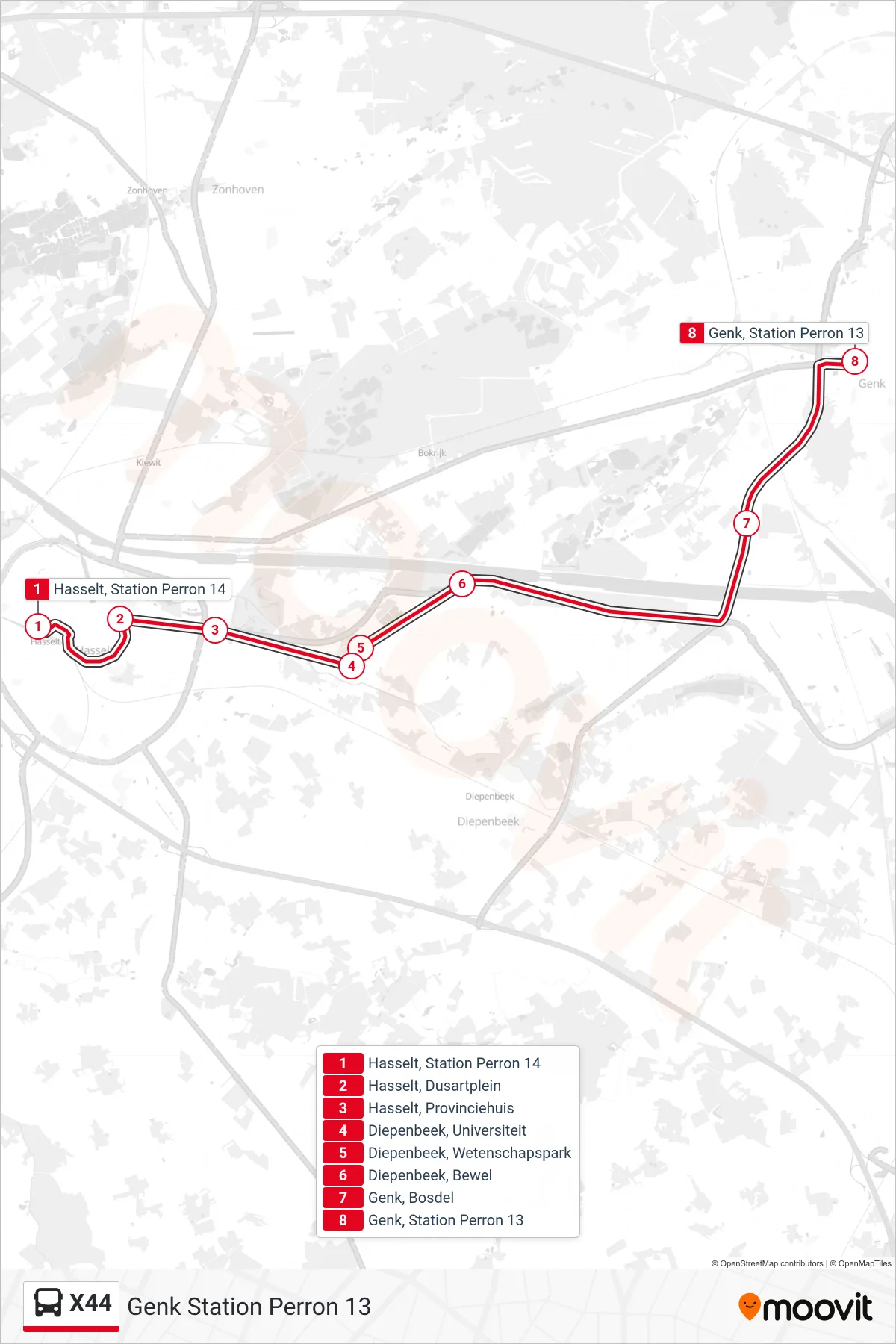 Lijn X44 (bus, Genk Station Perron 13): route en haltes op de kaart