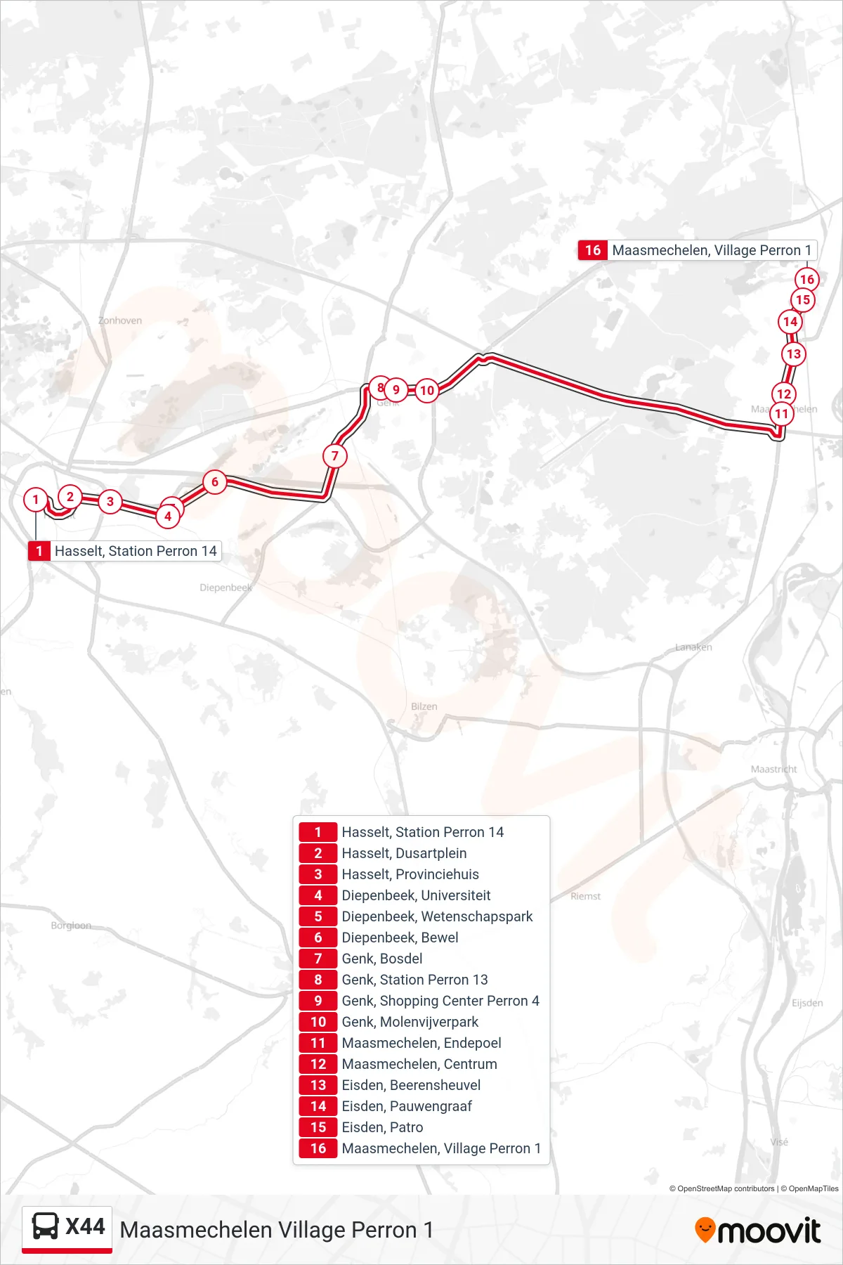 Lijn X44 (bus, Maasmechelen Village Perron 1): route en haltes op de kaart