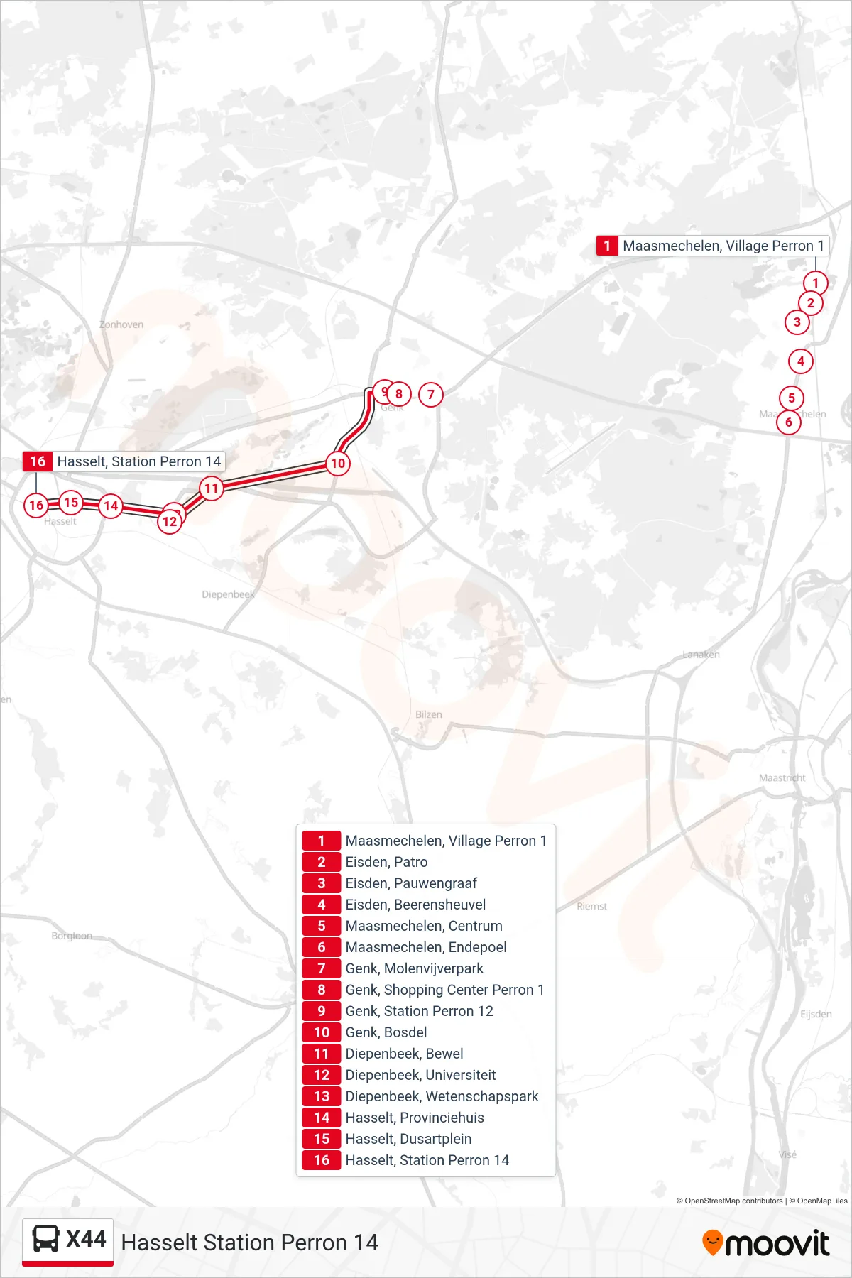 Lijn X44 (bus, Hasselt Station Perron 14): route en haltes op de kaart