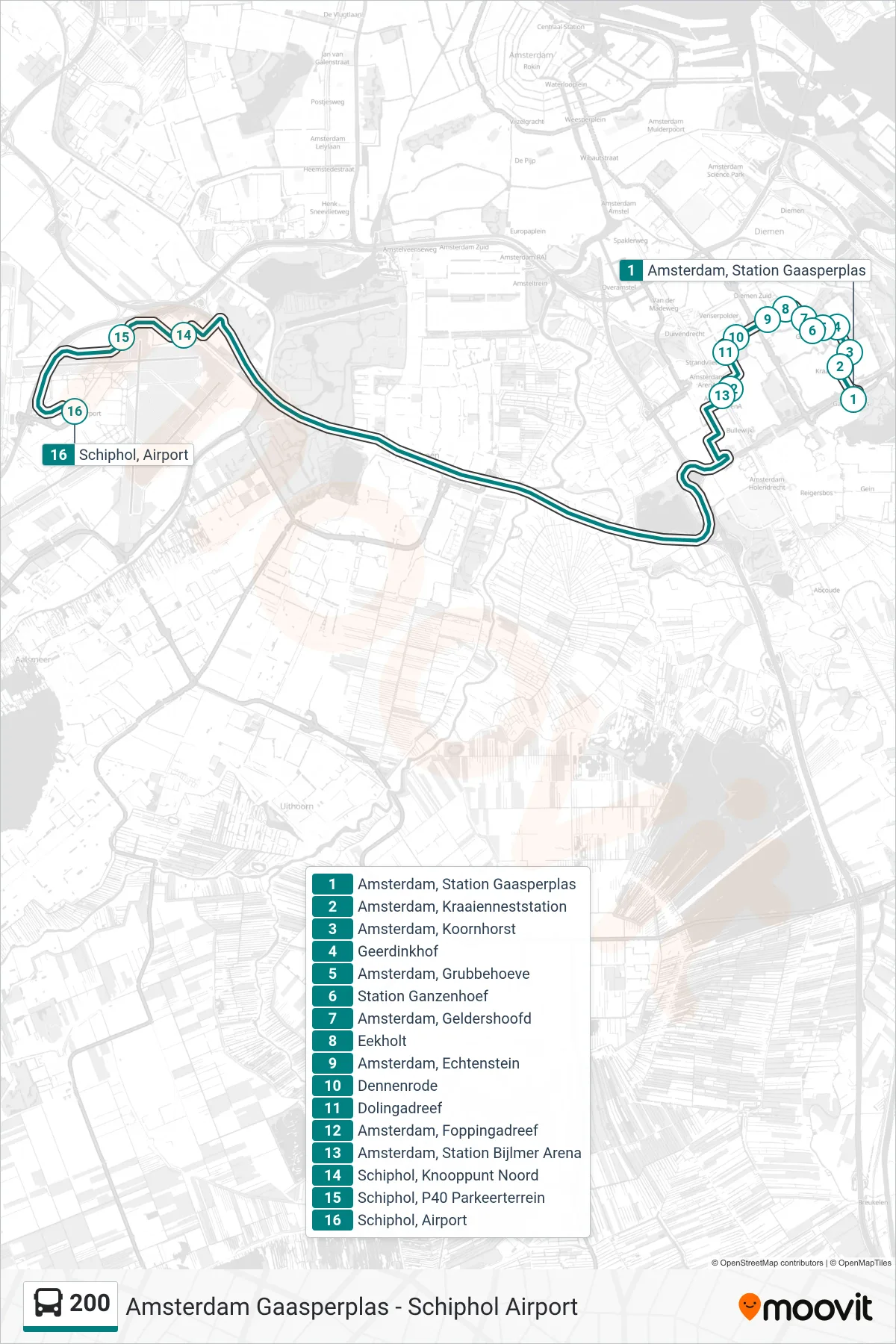 Lijn 200 (bus, Schiphol Airport): route en haltes op de kaart