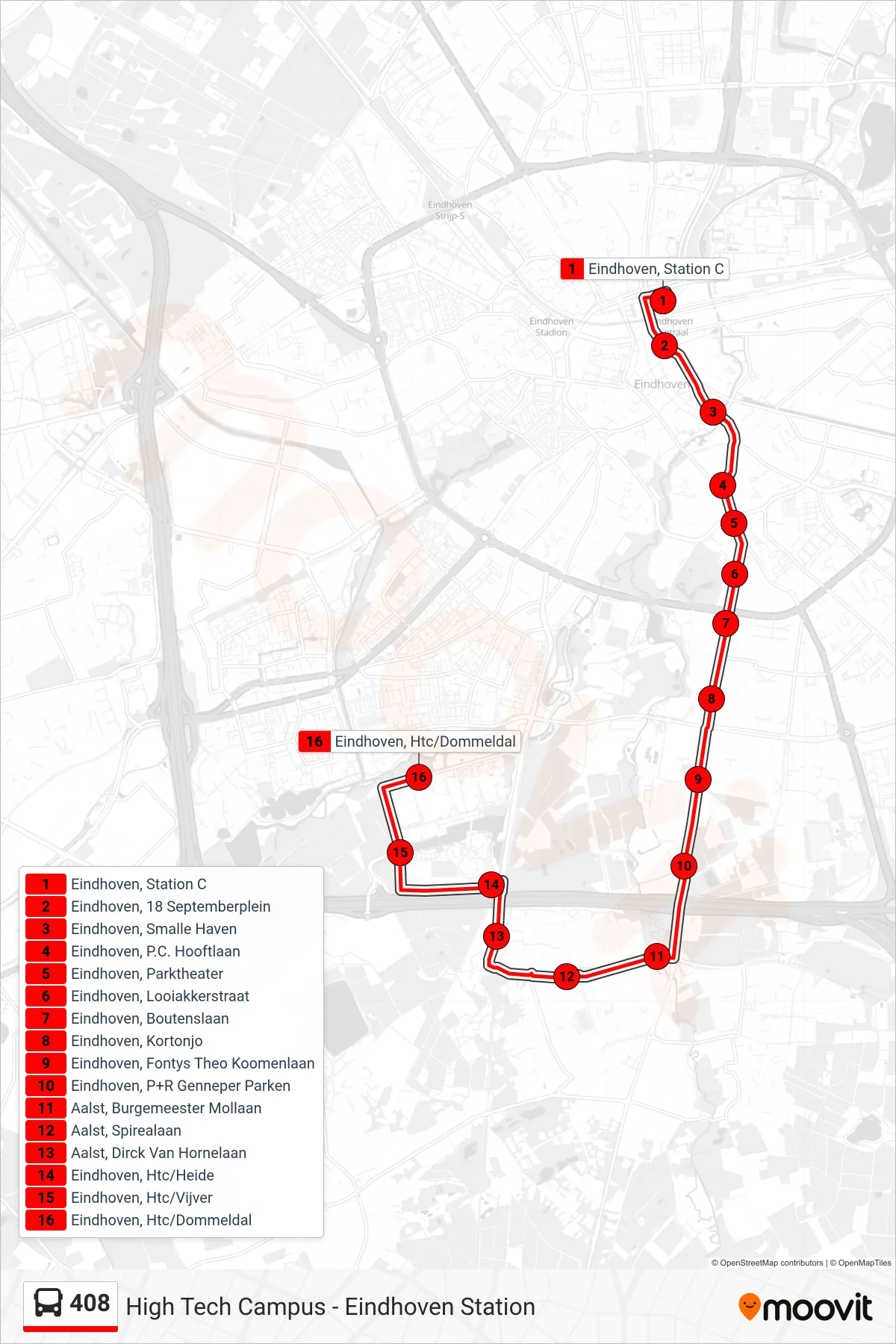 Lijn 408 (bus, High Tech Campus): route en haltes op de kaart