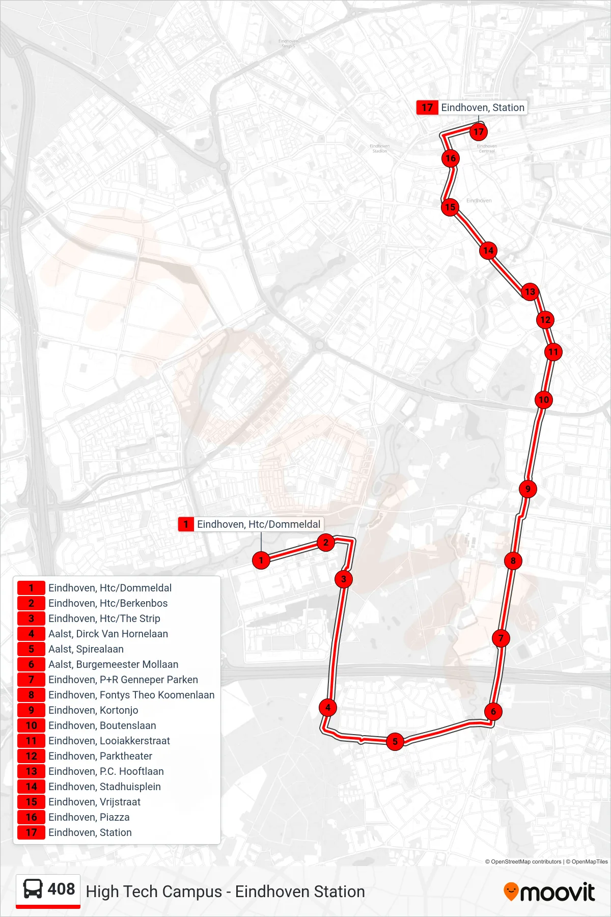 Lijn 408 (bus, Eindhoven Station): route en haltes op de kaart