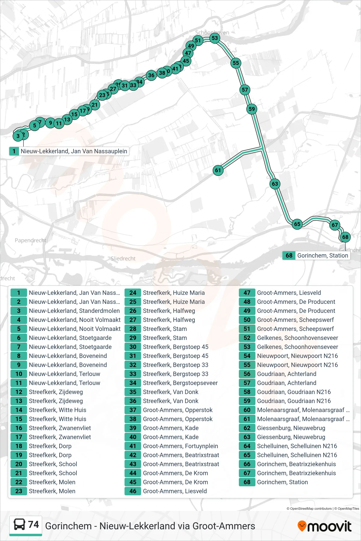 74 bus Line (Gorinchem) route and stops on a map