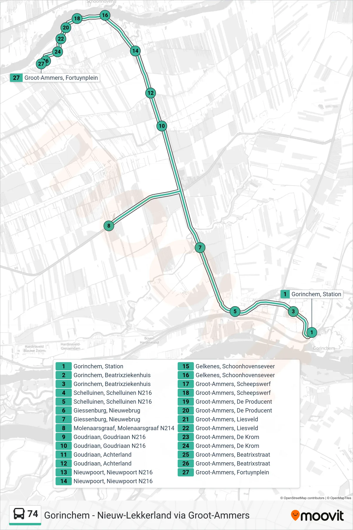 74 bus Line (Groot-Ammers) route and stops on a map