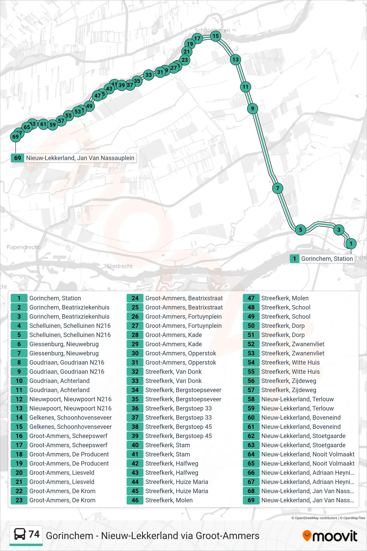 Lijn 74 (bus, Nieuw-Lekkerland): route en haltes op de kaart