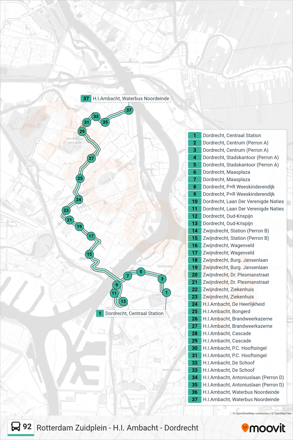 92 bus Line (Hendrik-Ido-Ambacht) route and stops on a map