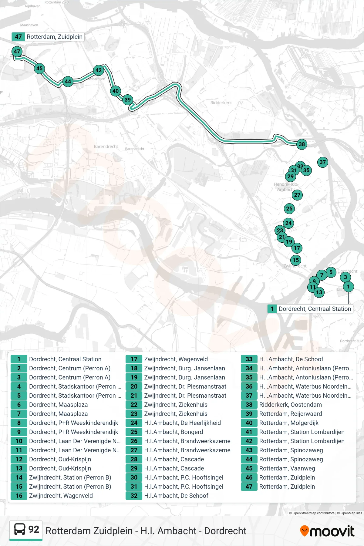 92 bus Line (Rotterdam Zuidplein) route and stops on a map