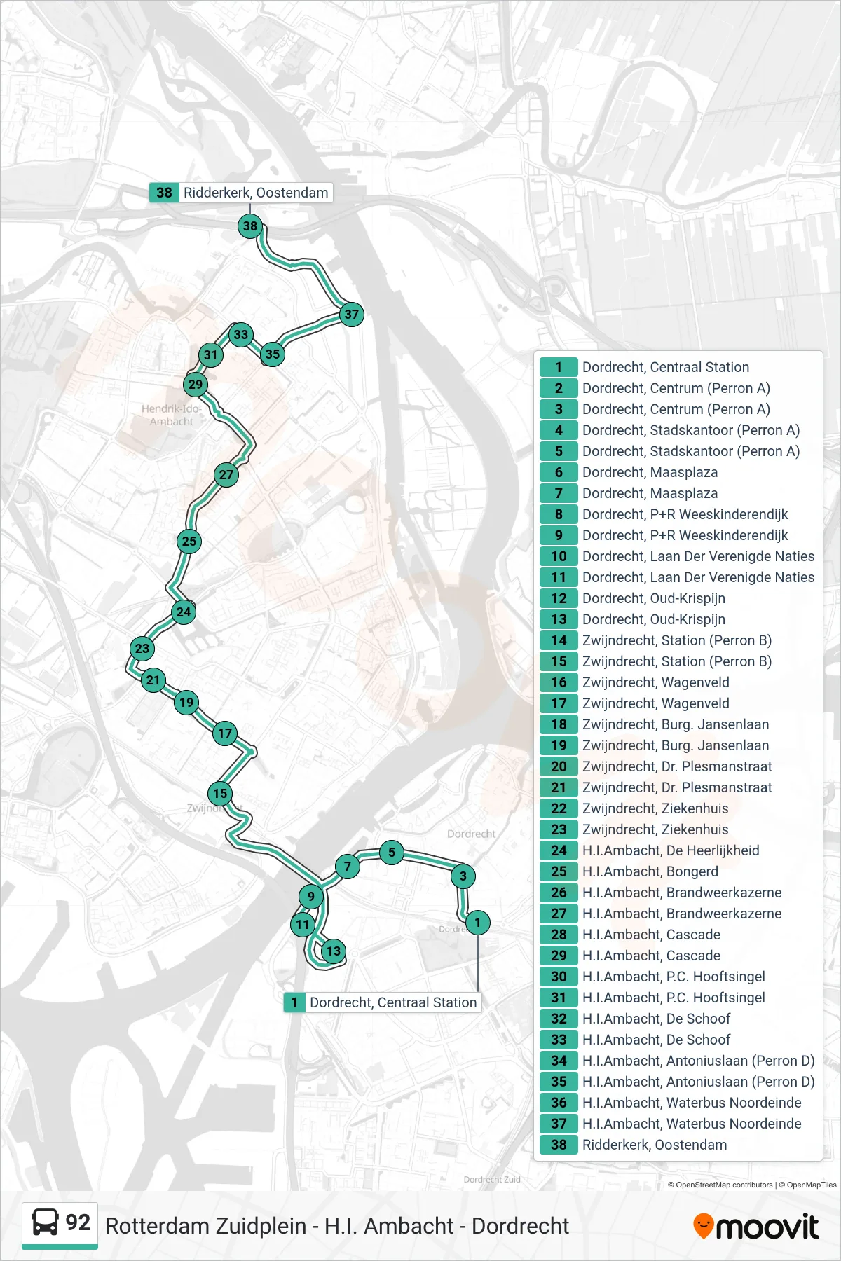 92 bus Line (Oostendam) route and stops on a map