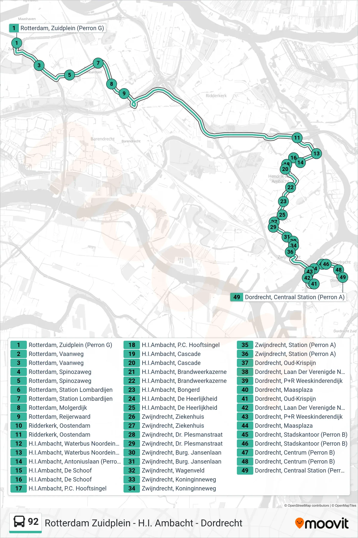 92 bus Line (Dordrecht Via) route and stops on a map