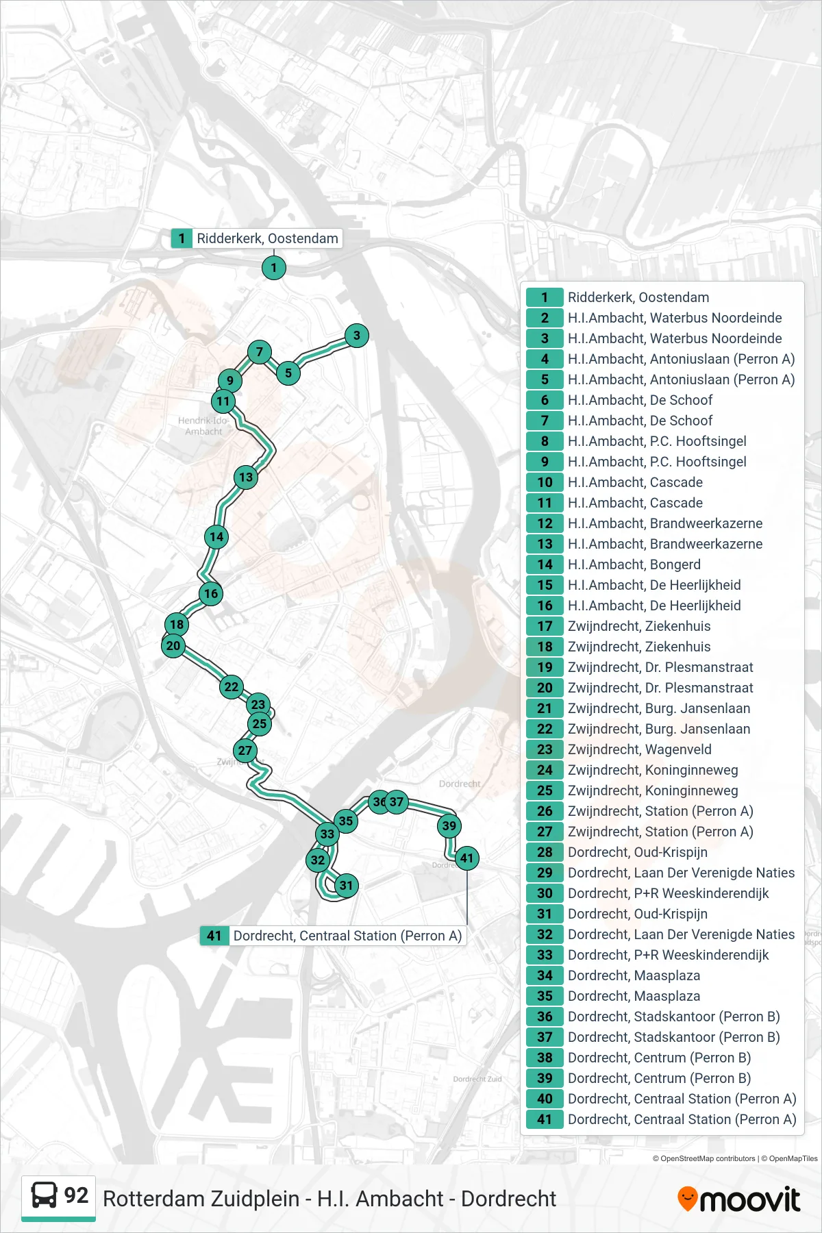 Lijn 92 (bus, Dordrecht): route en haltes op de kaart