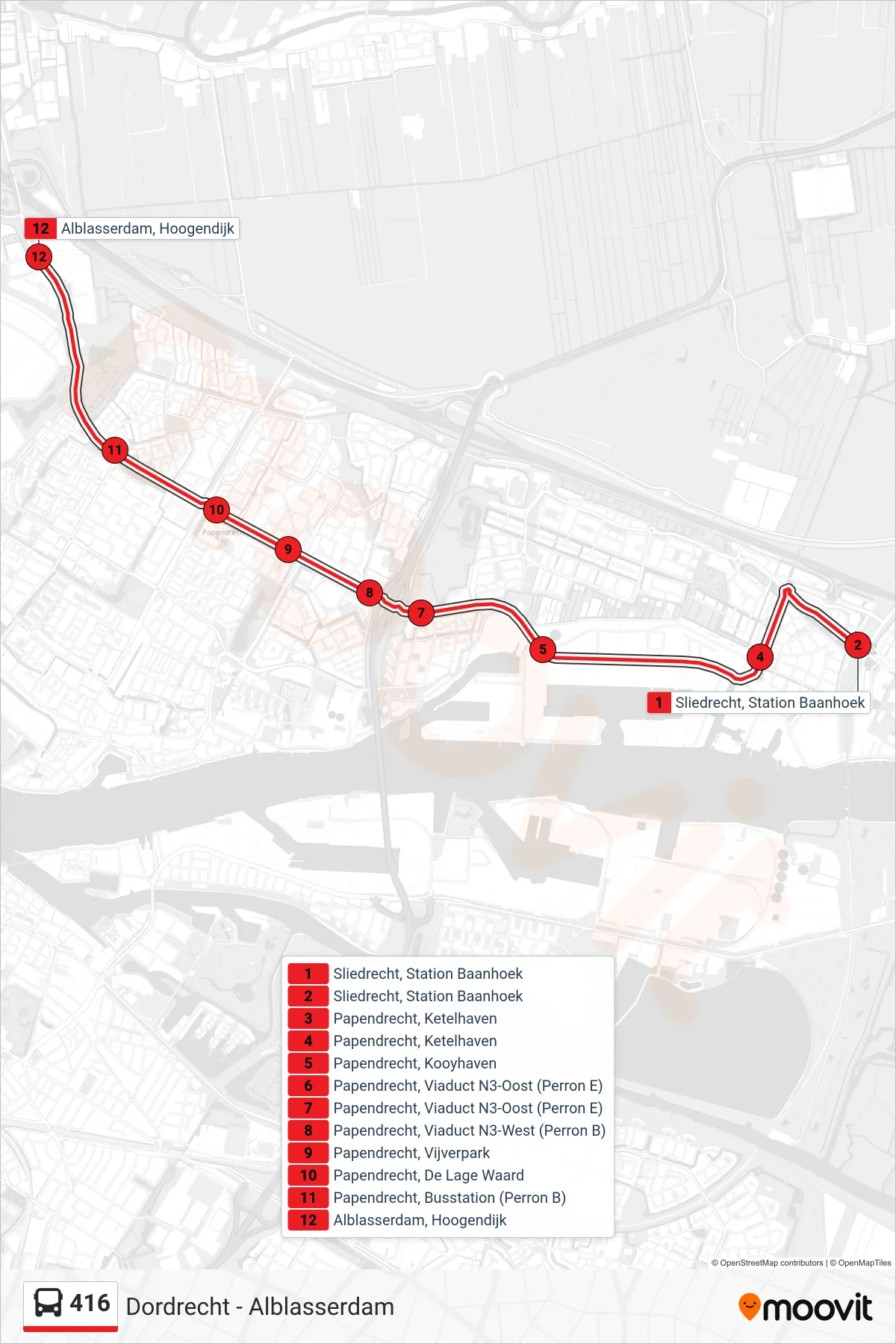 Lijn 416 (bus, Papendrecht): route en haltes op de kaart