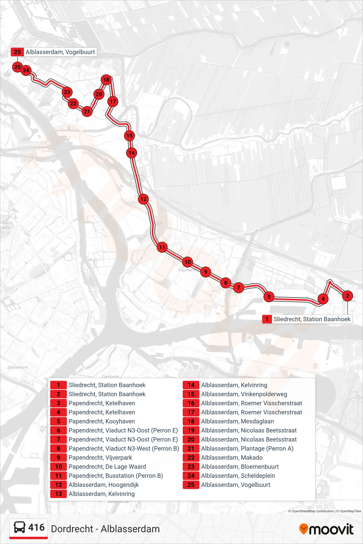 Lijn 416 (bus, Alblasserdam): route en haltes op de kaart